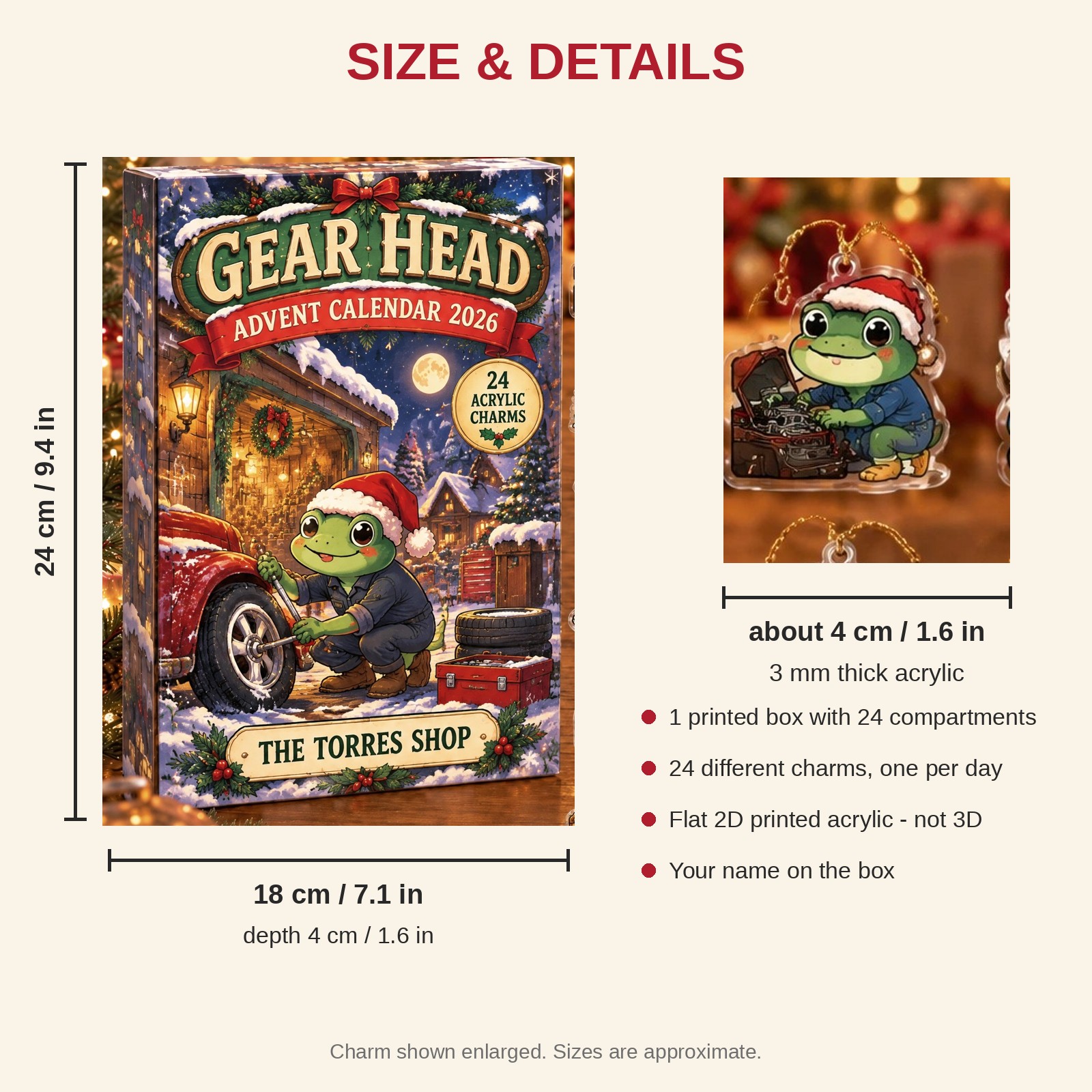 Personalized Mechanic Frog advent calendar box with 24 flat acrylic Christmas charms: box and charm sizes