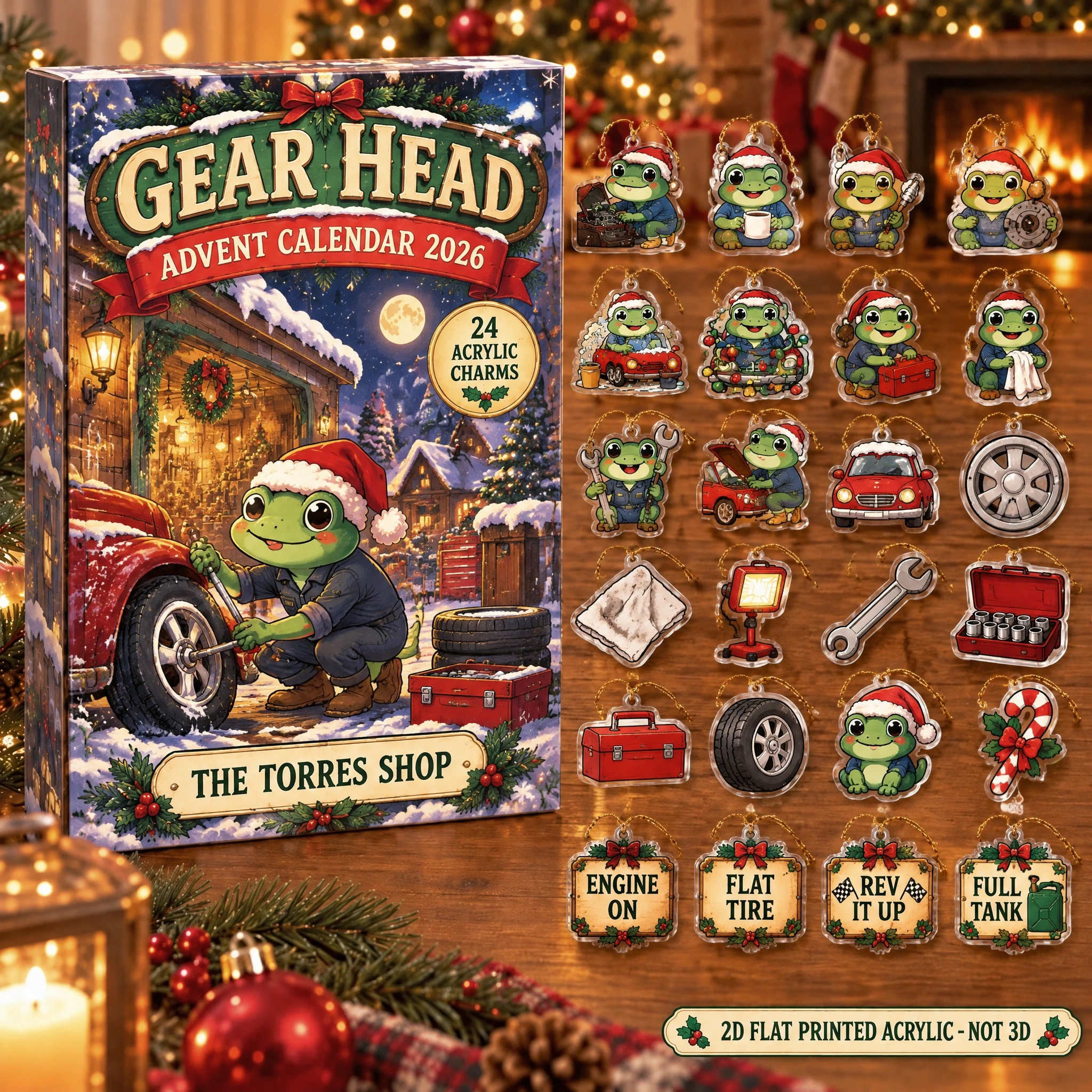 Personalized Mechanic Frog advent calendar box with 24 flat acrylic Christmas charms