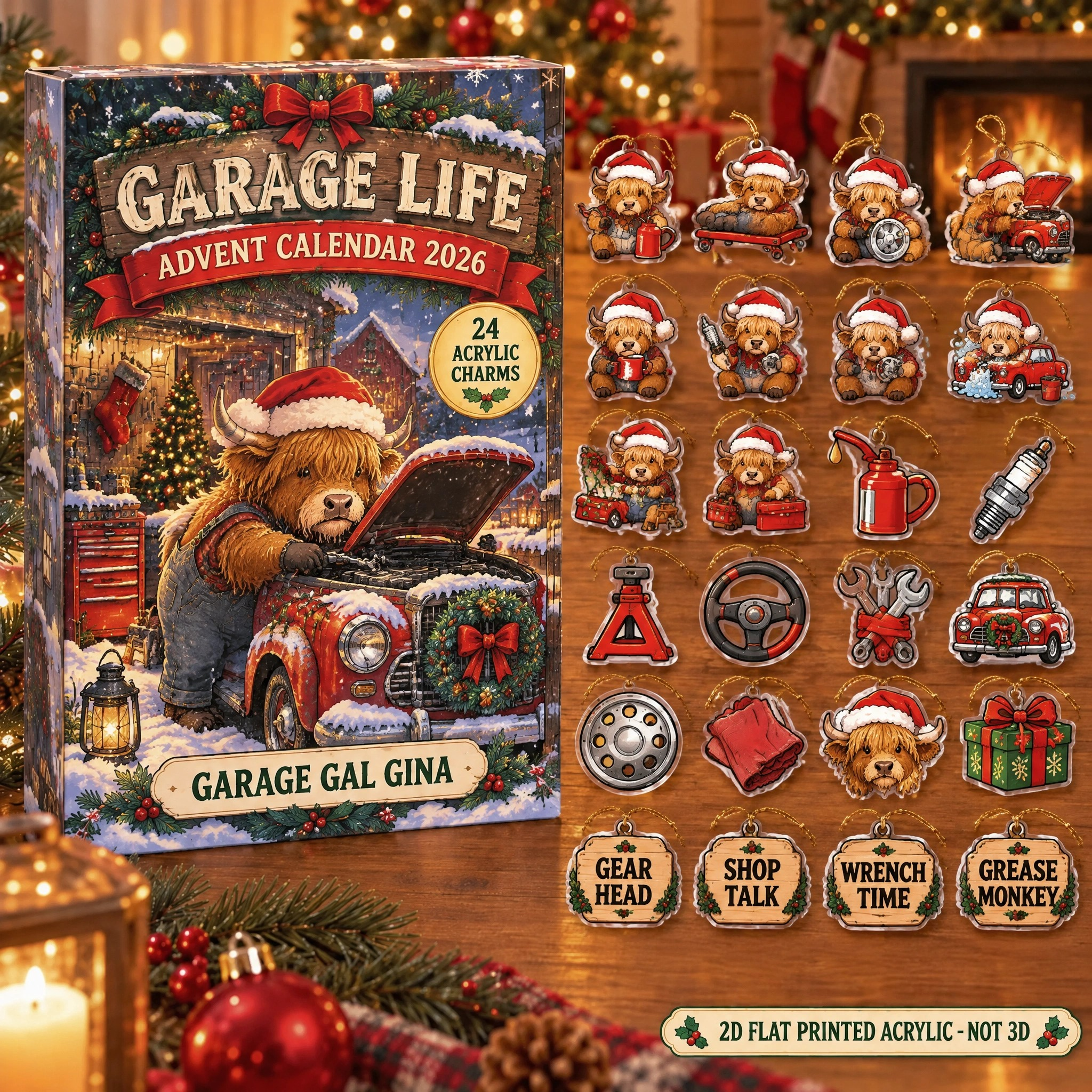 Personalized Mechanic Highland Cow advent calendar box with 24 flat acrylic Christmas charms