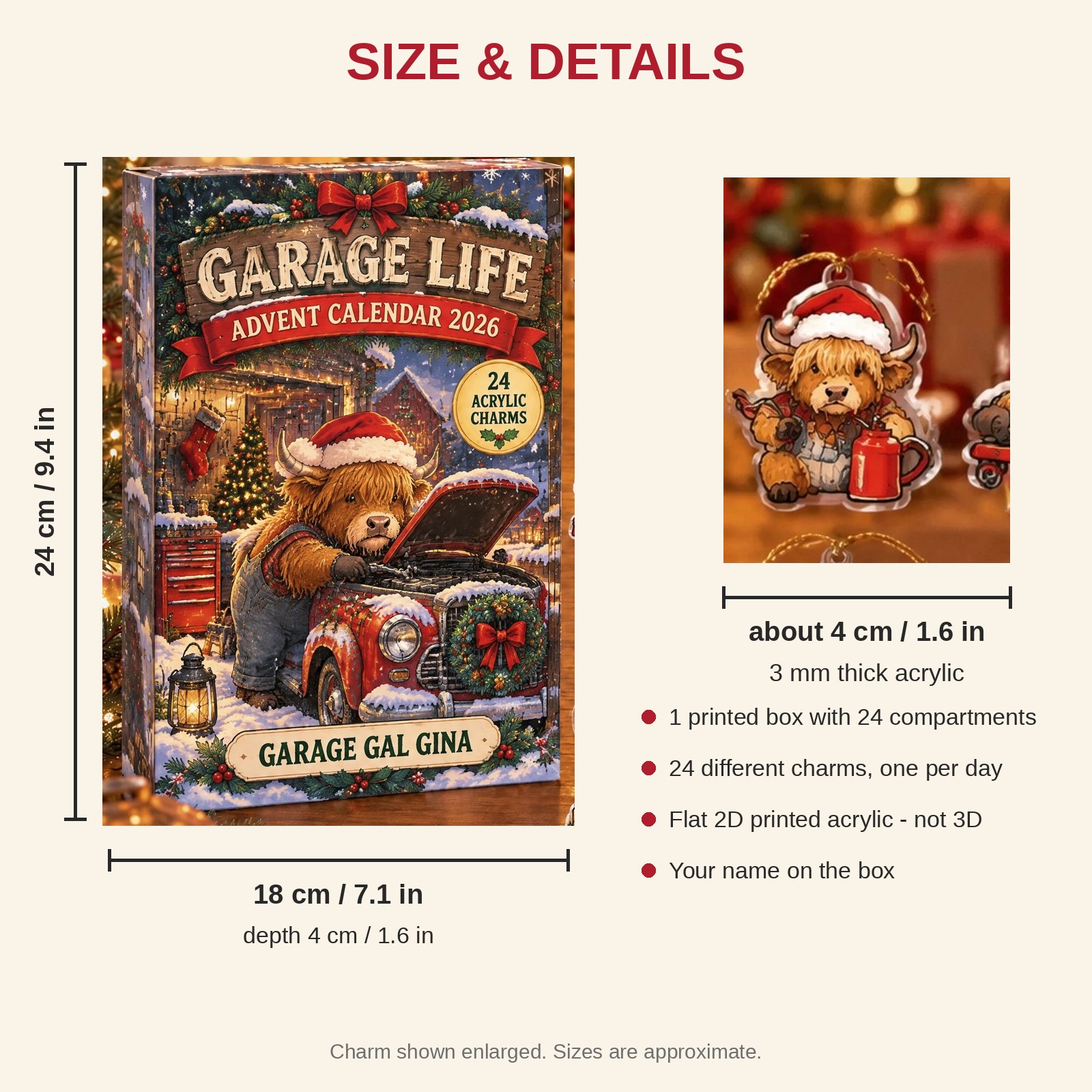 Personalized Mechanic Highland Cow advent calendar box with 24 flat acrylic Christmas charms: box and charm sizes