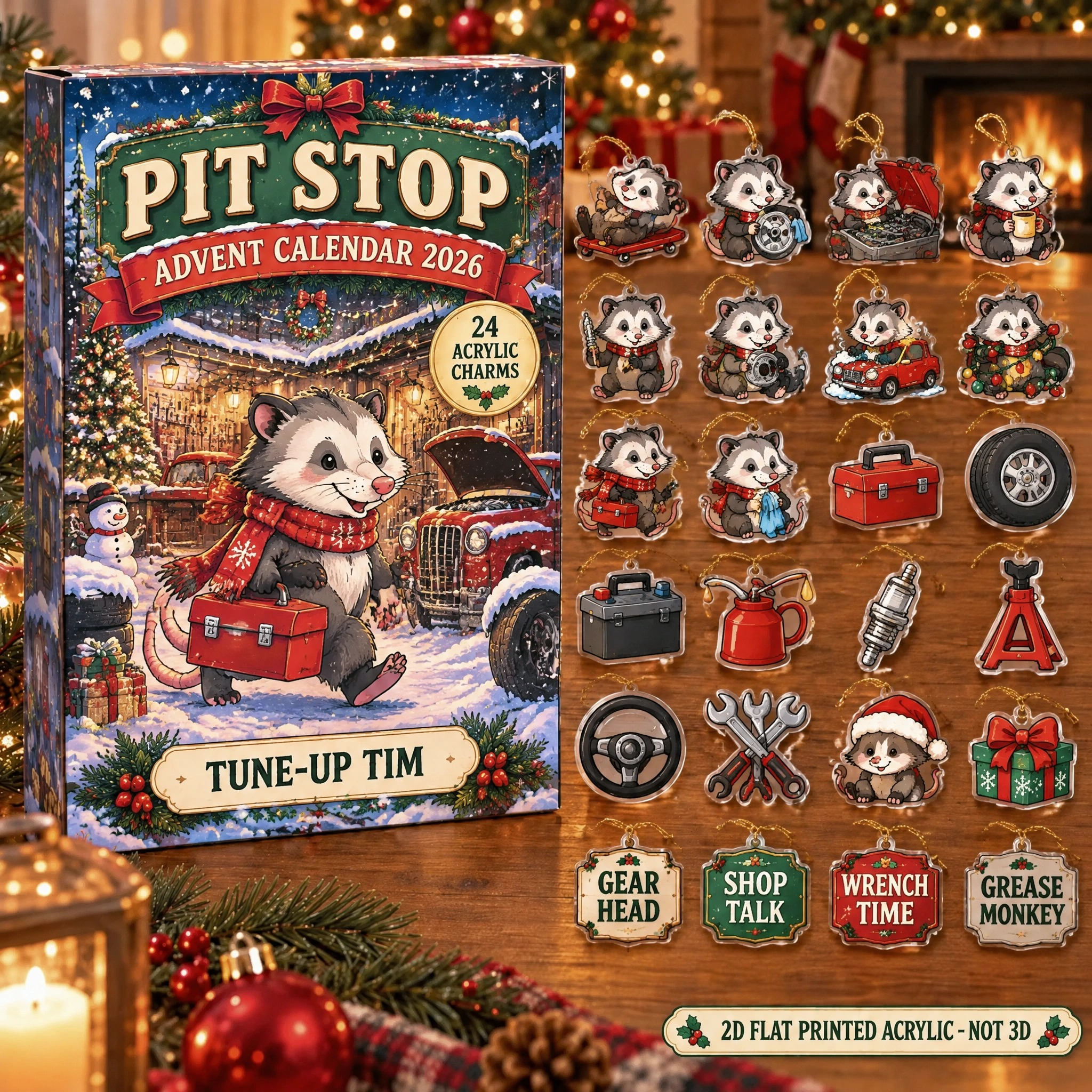 Personalized Mechanic Opossum advent calendar box with 24 flat acrylic Christmas charms