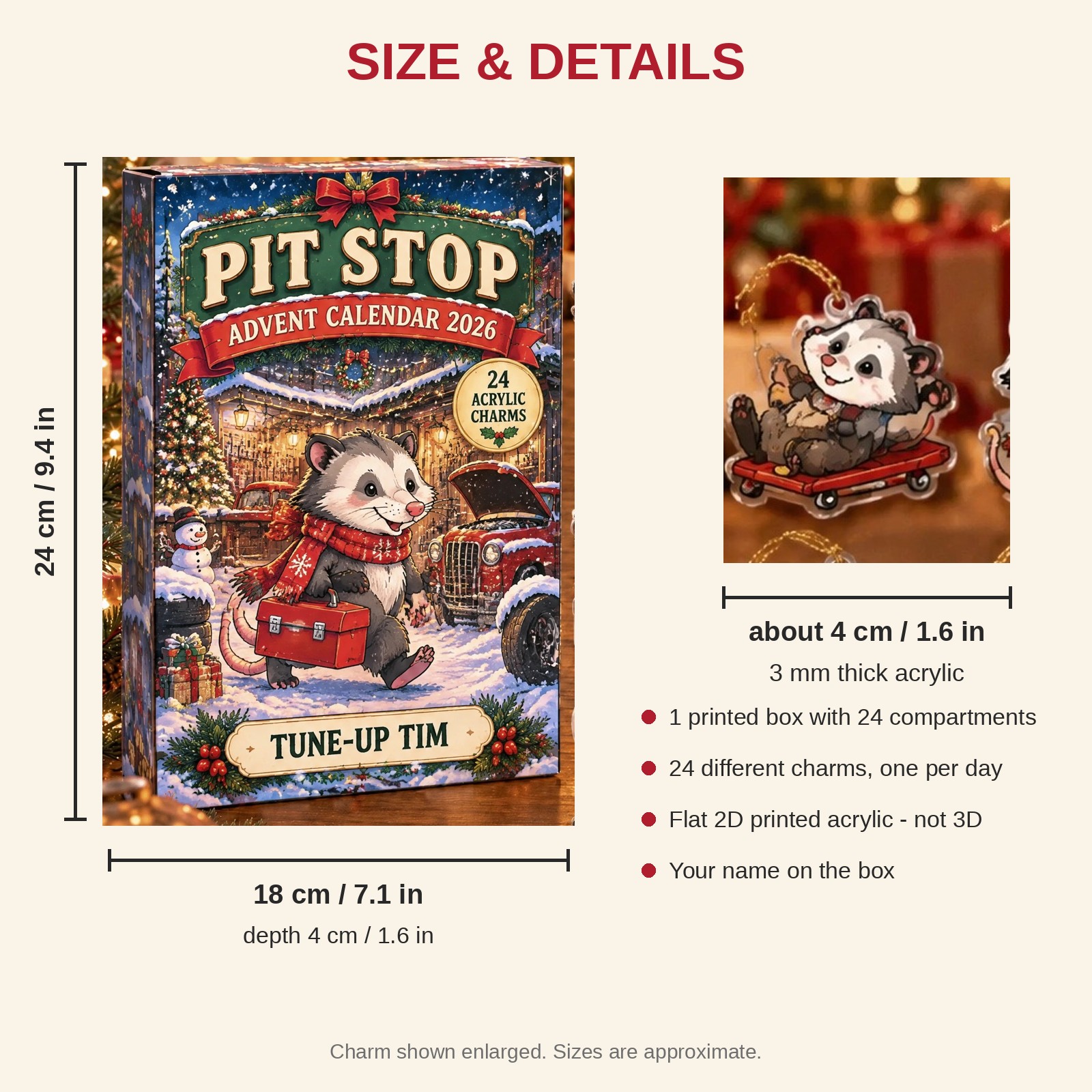 Personalized Mechanic Opossum advent calendar box with 24 flat acrylic Christmas charms: box and charm sizes