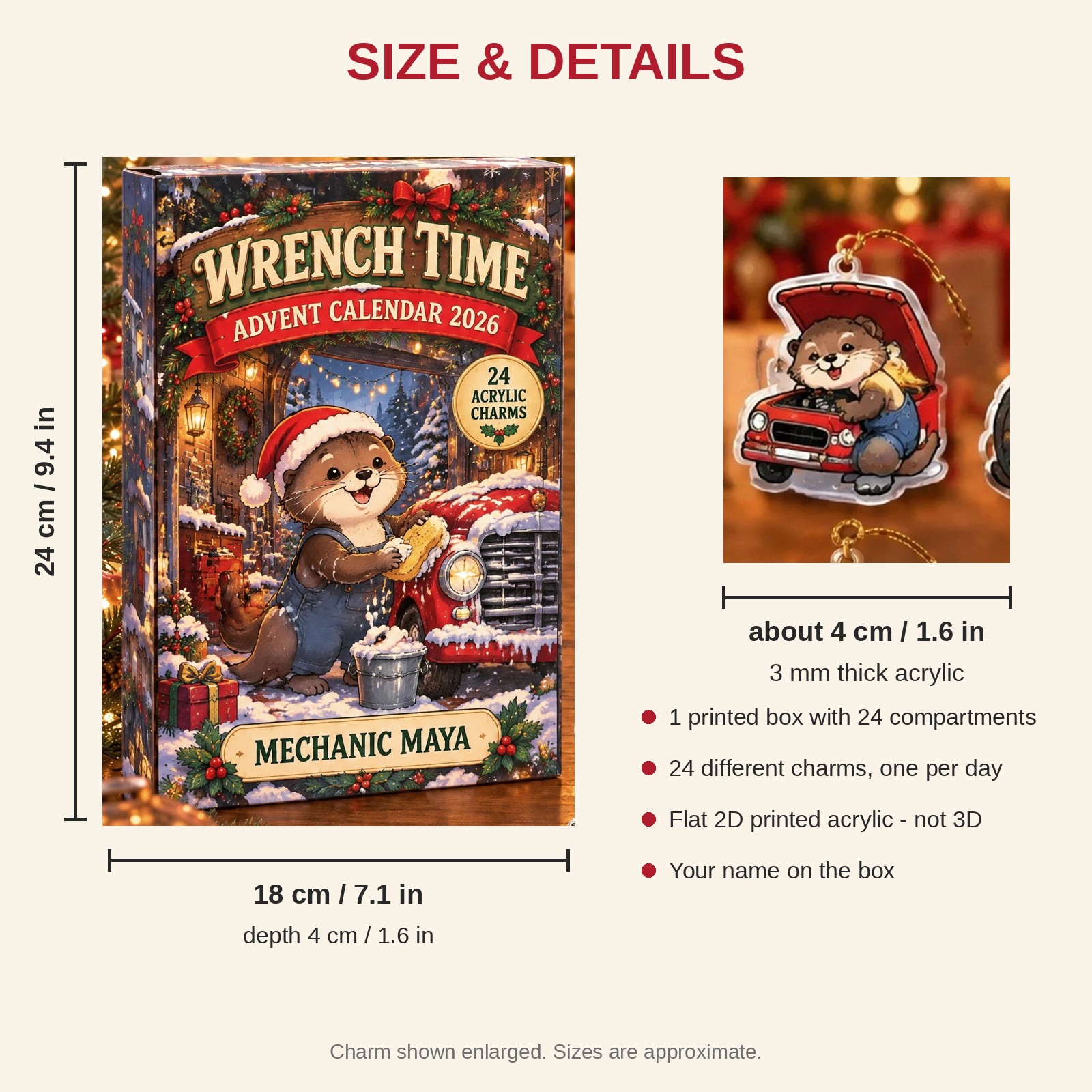Personalized Mechanic Otter advent calendar box with 24 flat acrylic Christmas charms: box and charm sizes