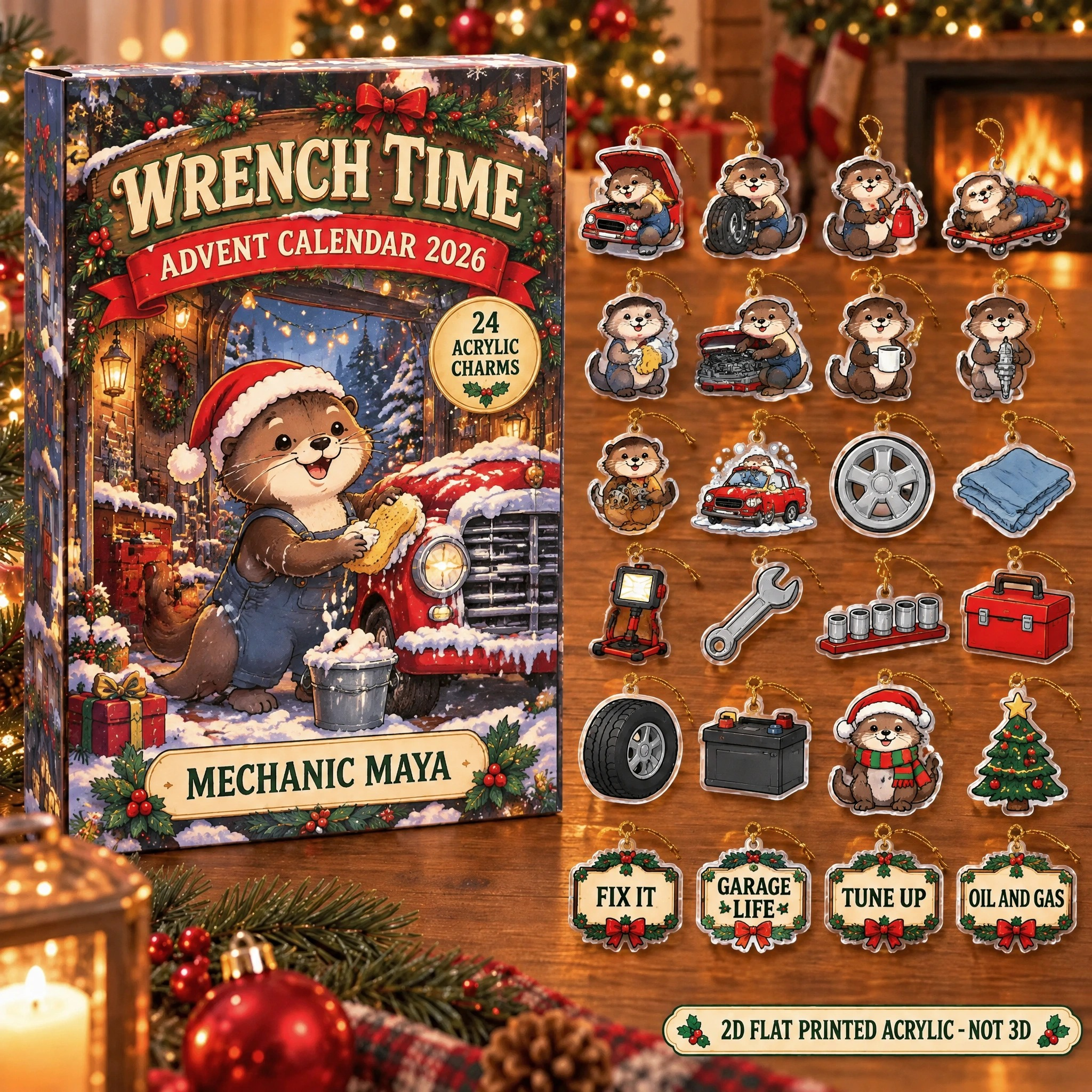 Personalized Mechanic Otter advent calendar box with 24 flat acrylic Christmas charms
