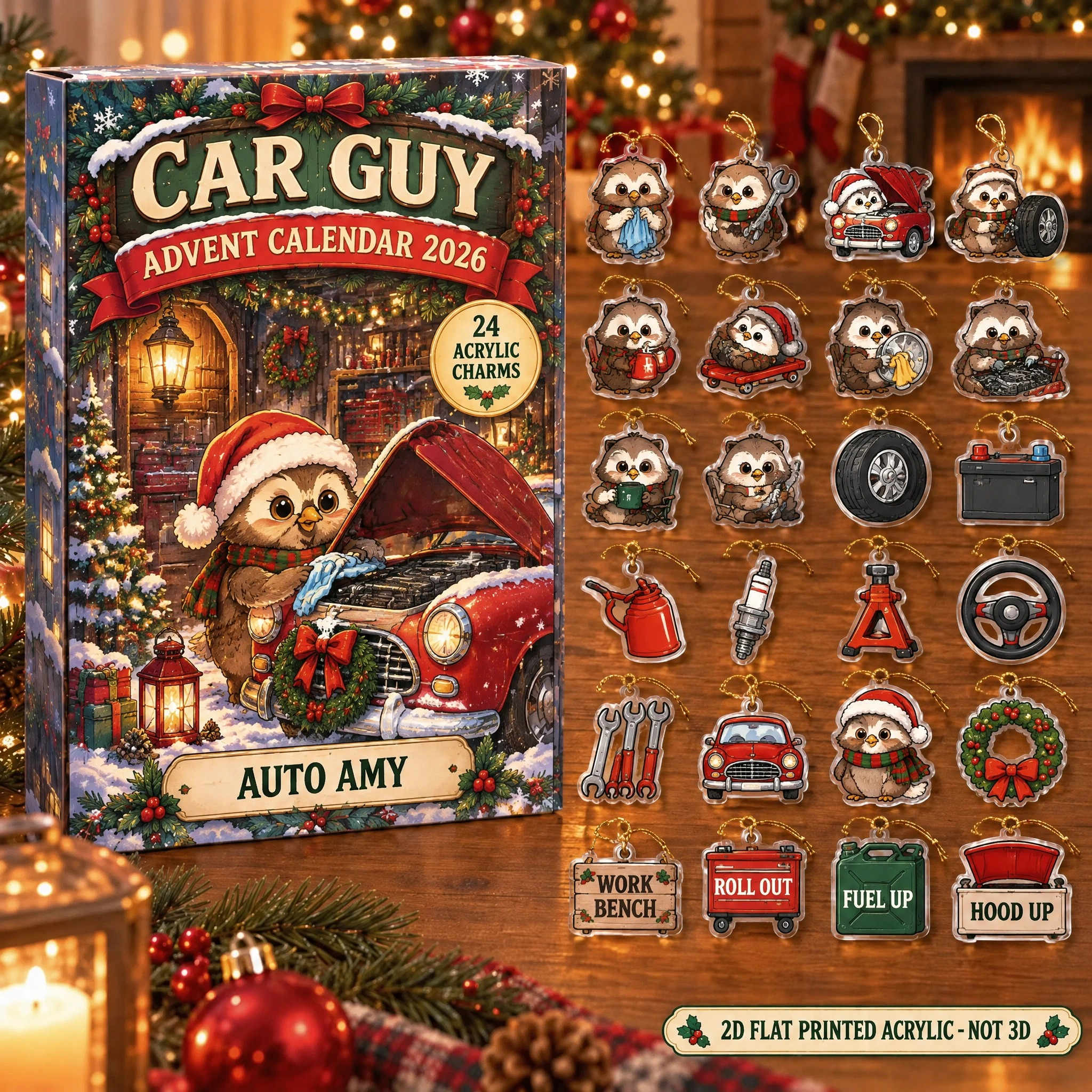 Personalized Mechanic Owl advent calendar box with 24 flat acrylic Christmas charms