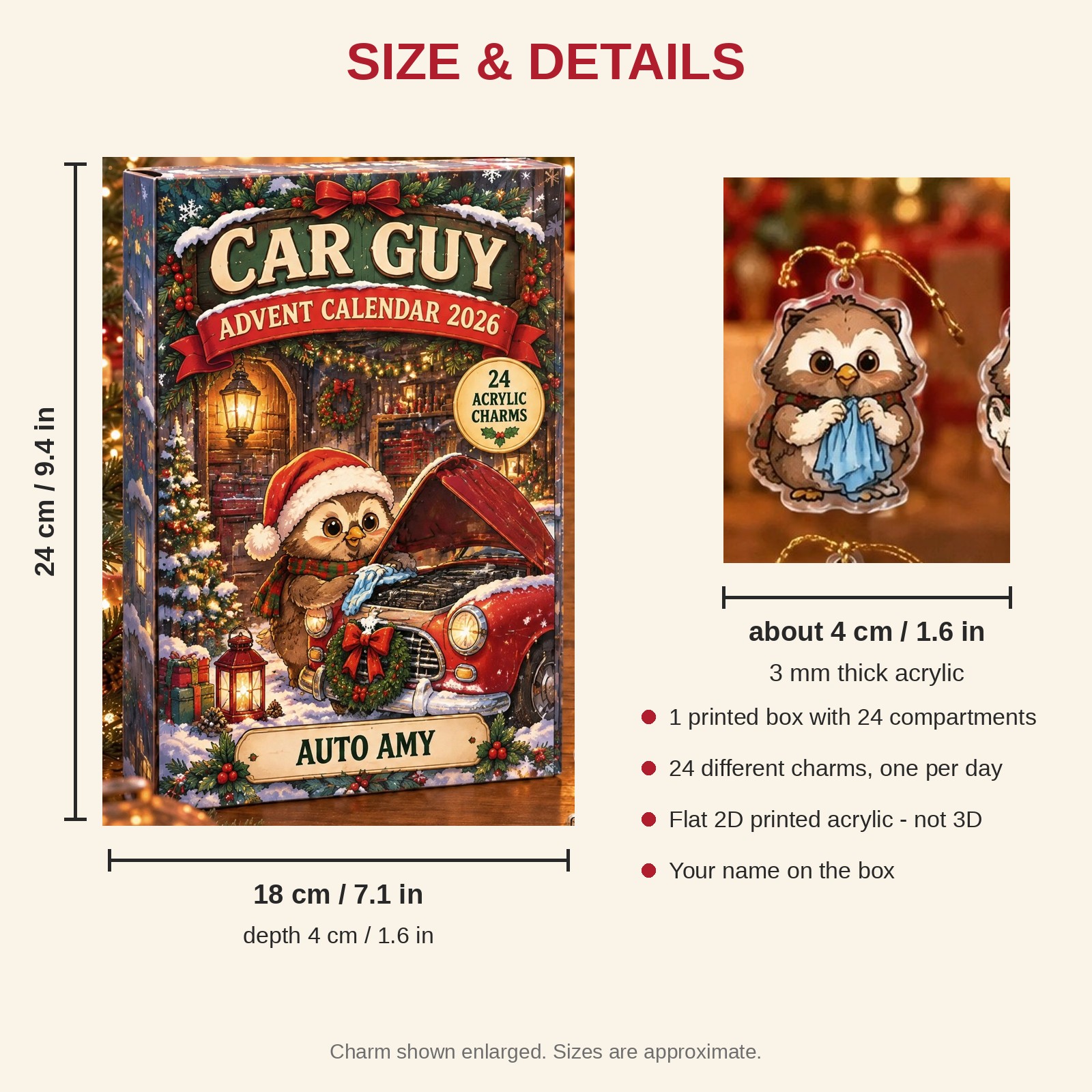 Personalized Mechanic Owl advent calendar box with 24 flat acrylic Christmas charms: box and charm sizes