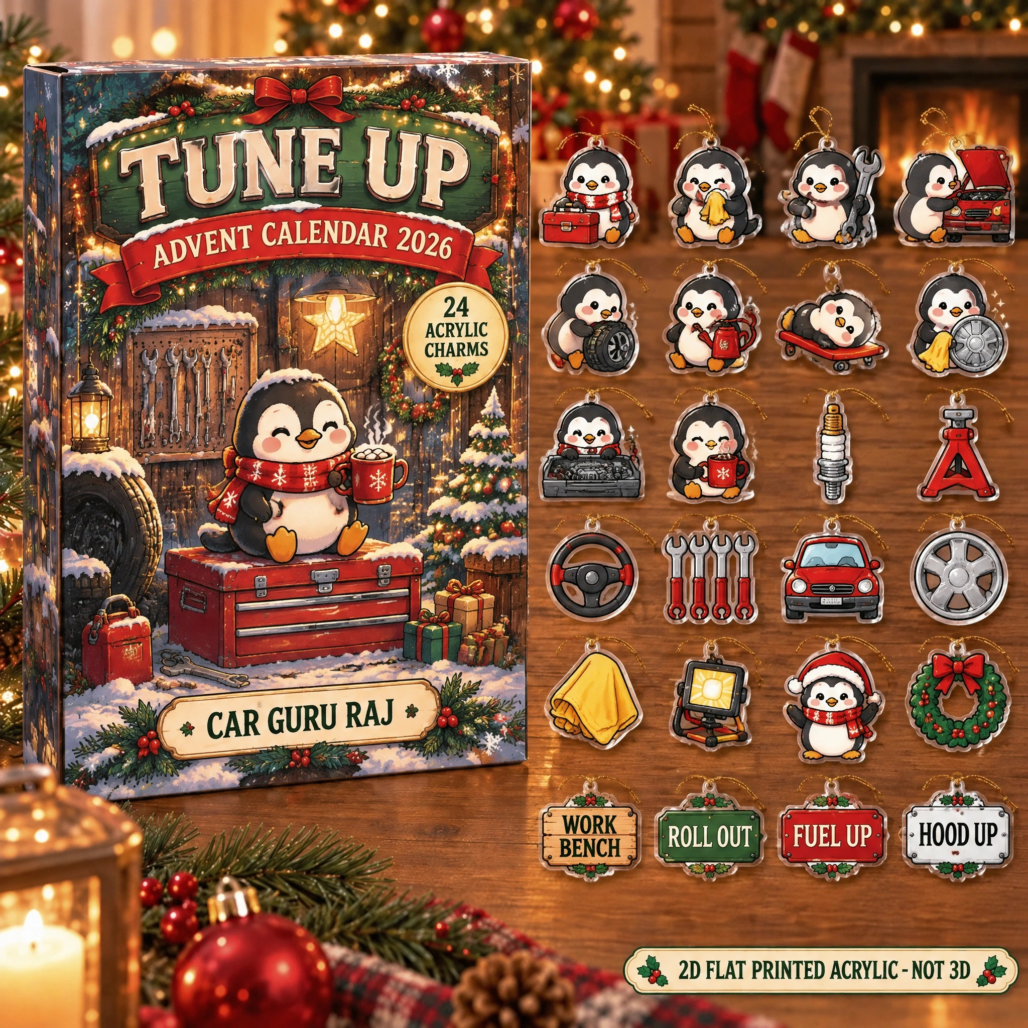 Personalized Mechanic Penguin advent calendar box with 24 flat acrylic Christmas charms