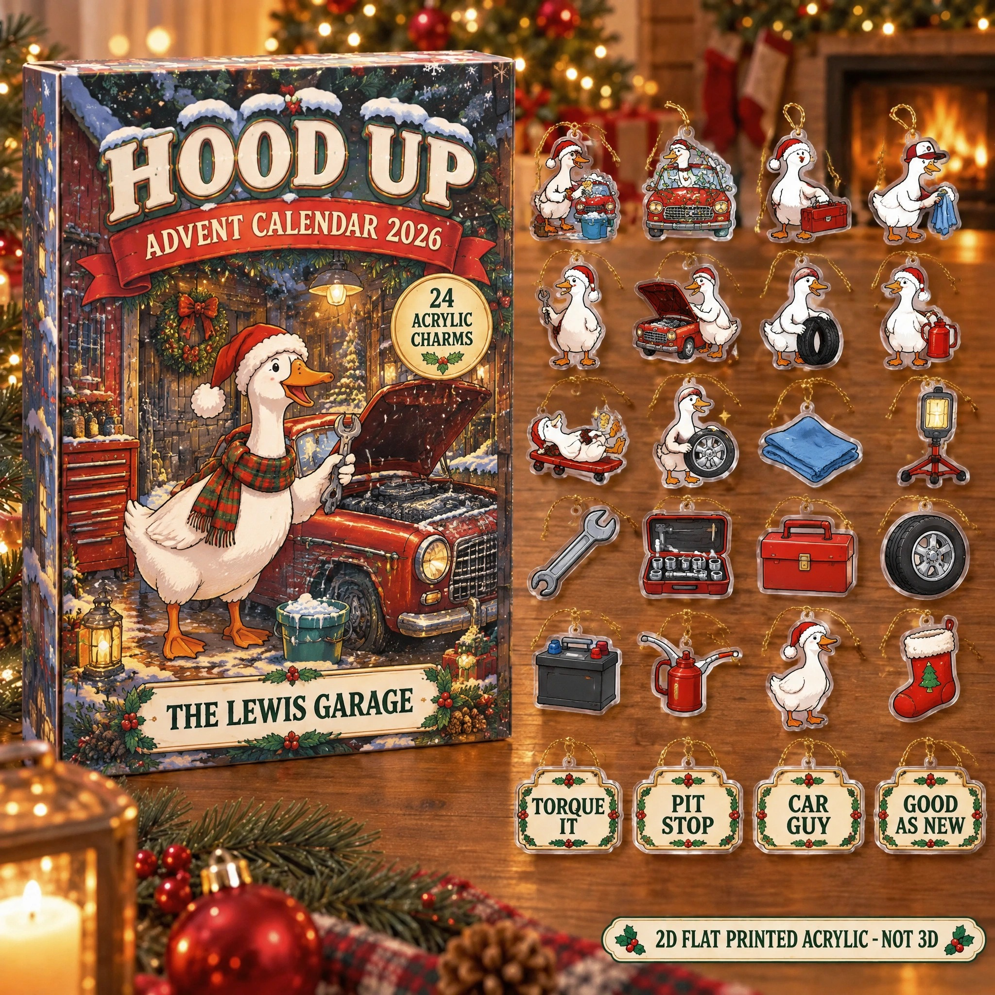 Personalized Mechanic Silly Goose advent calendar box with 24 flat acrylic Christmas charms