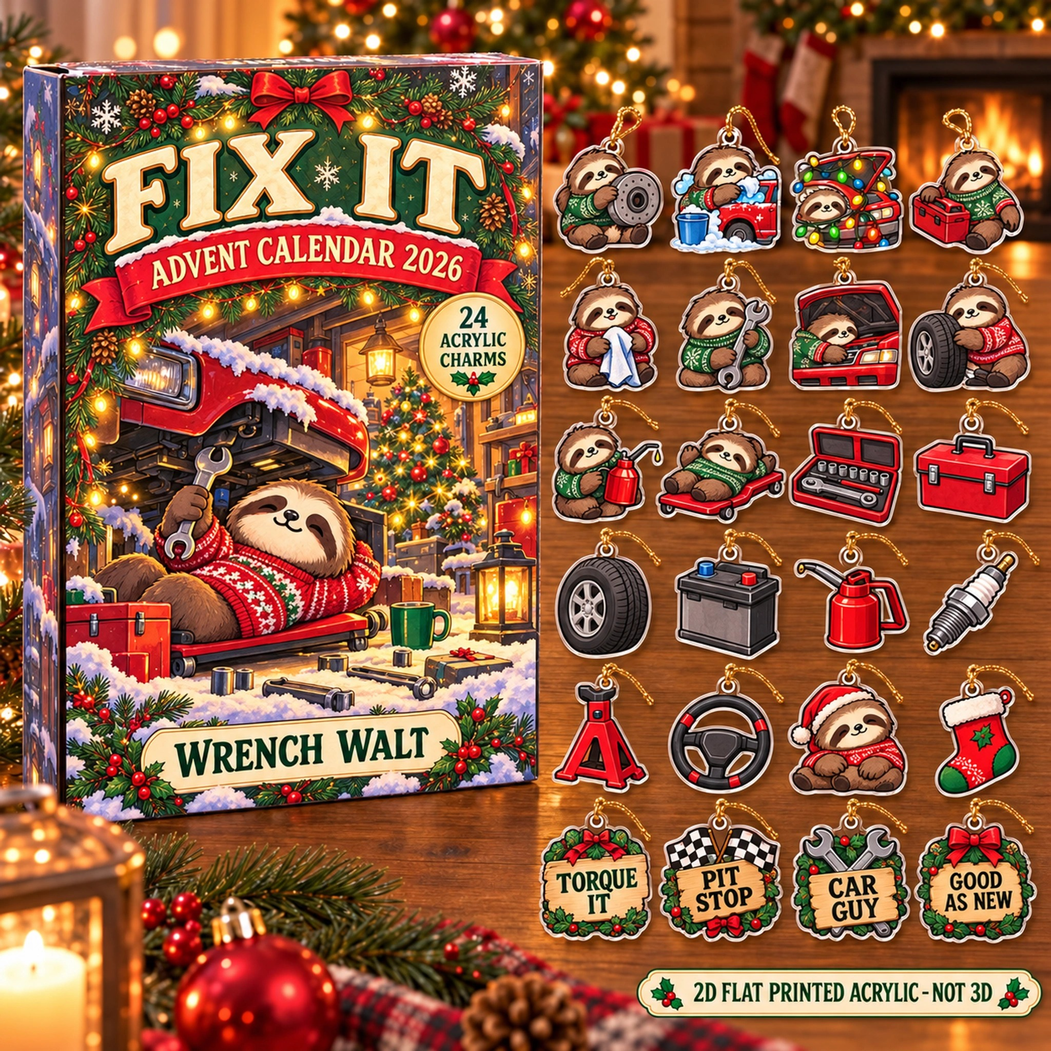 Personalized Mechanic Sloth advent calendar box with 24 flat acrylic Christmas charms