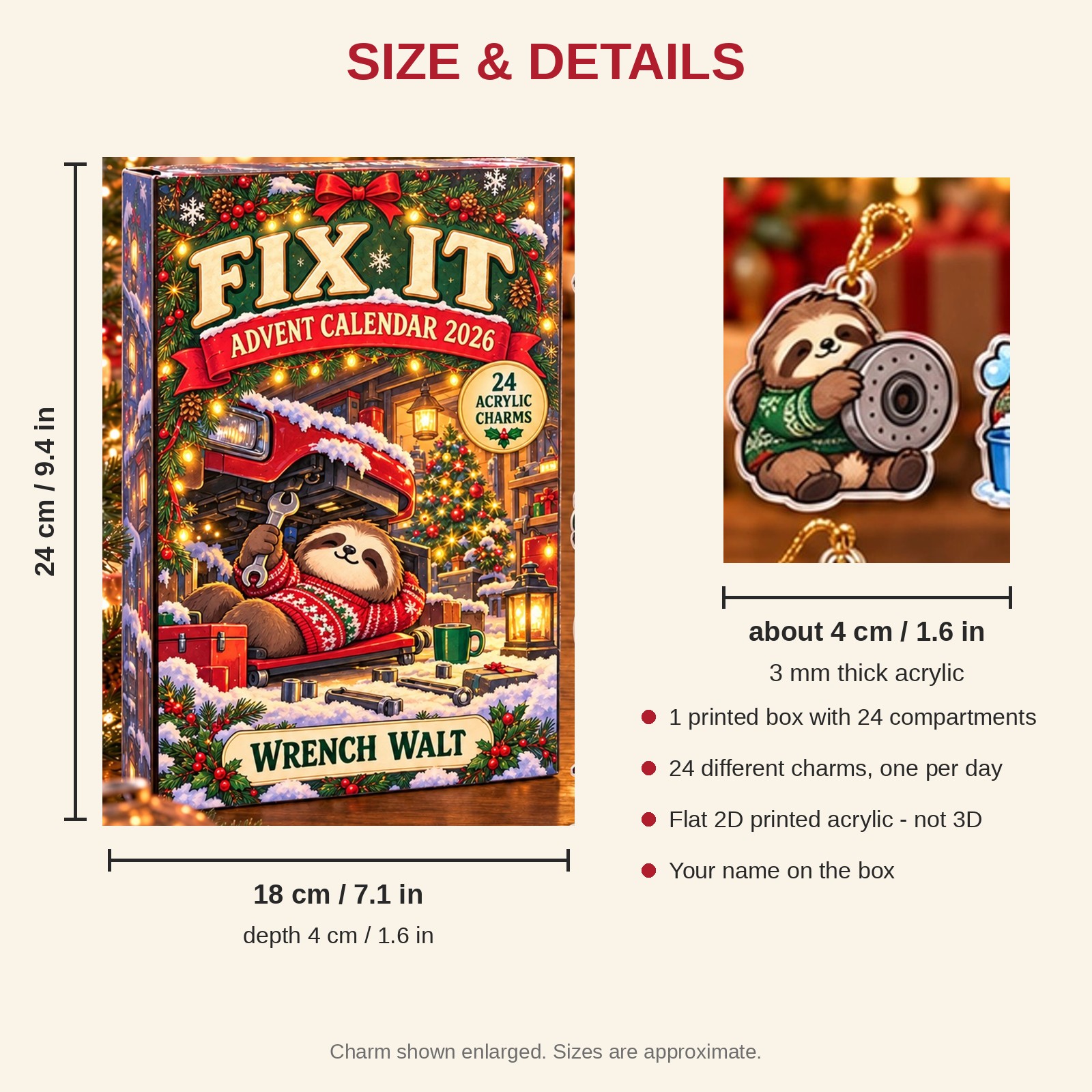 Personalized Mechanic Sloth advent calendar box with 24 flat acrylic Christmas charms: box and charm sizes