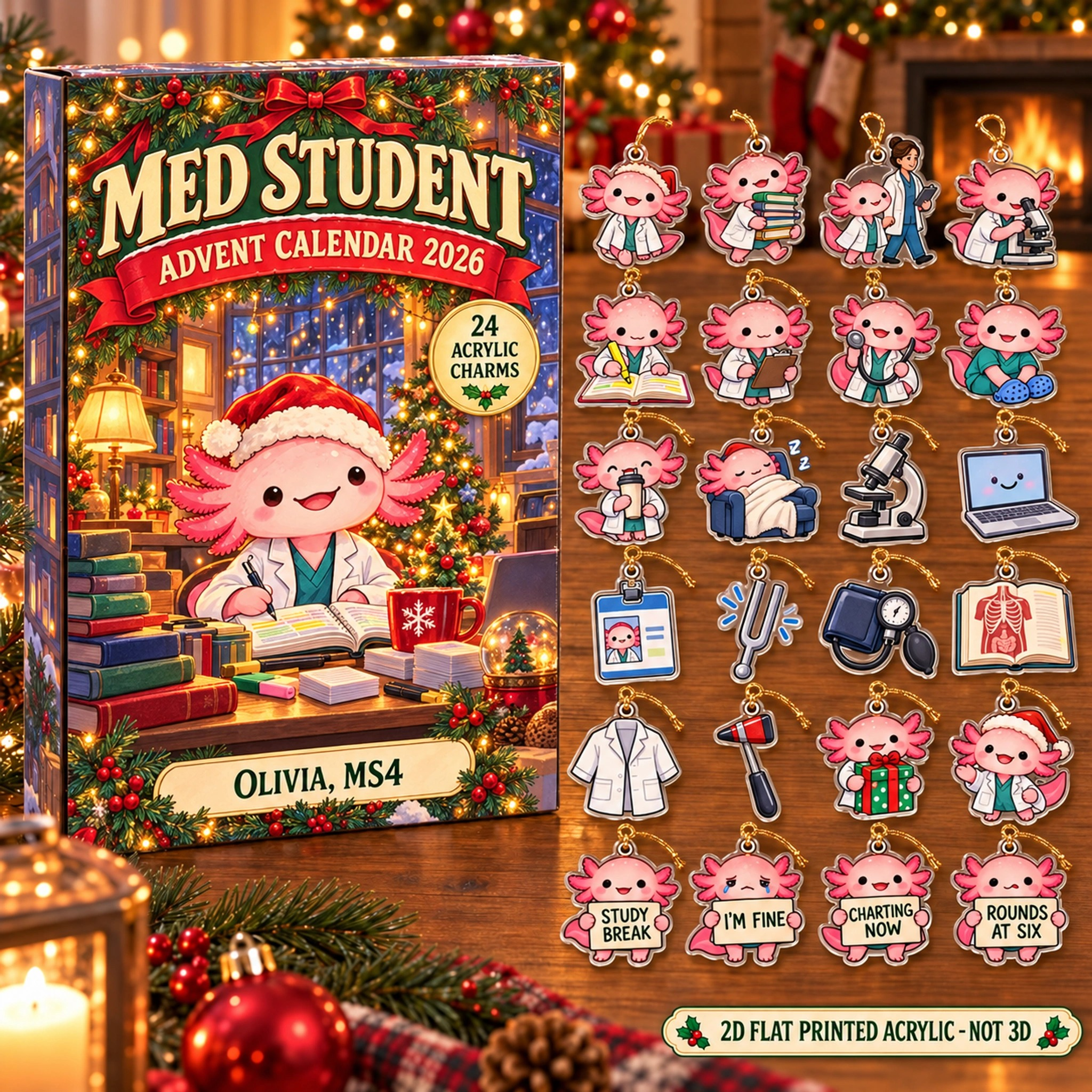 Personalized Med Student Axolotl advent calendar box with 24 flat acrylic Christmas charms