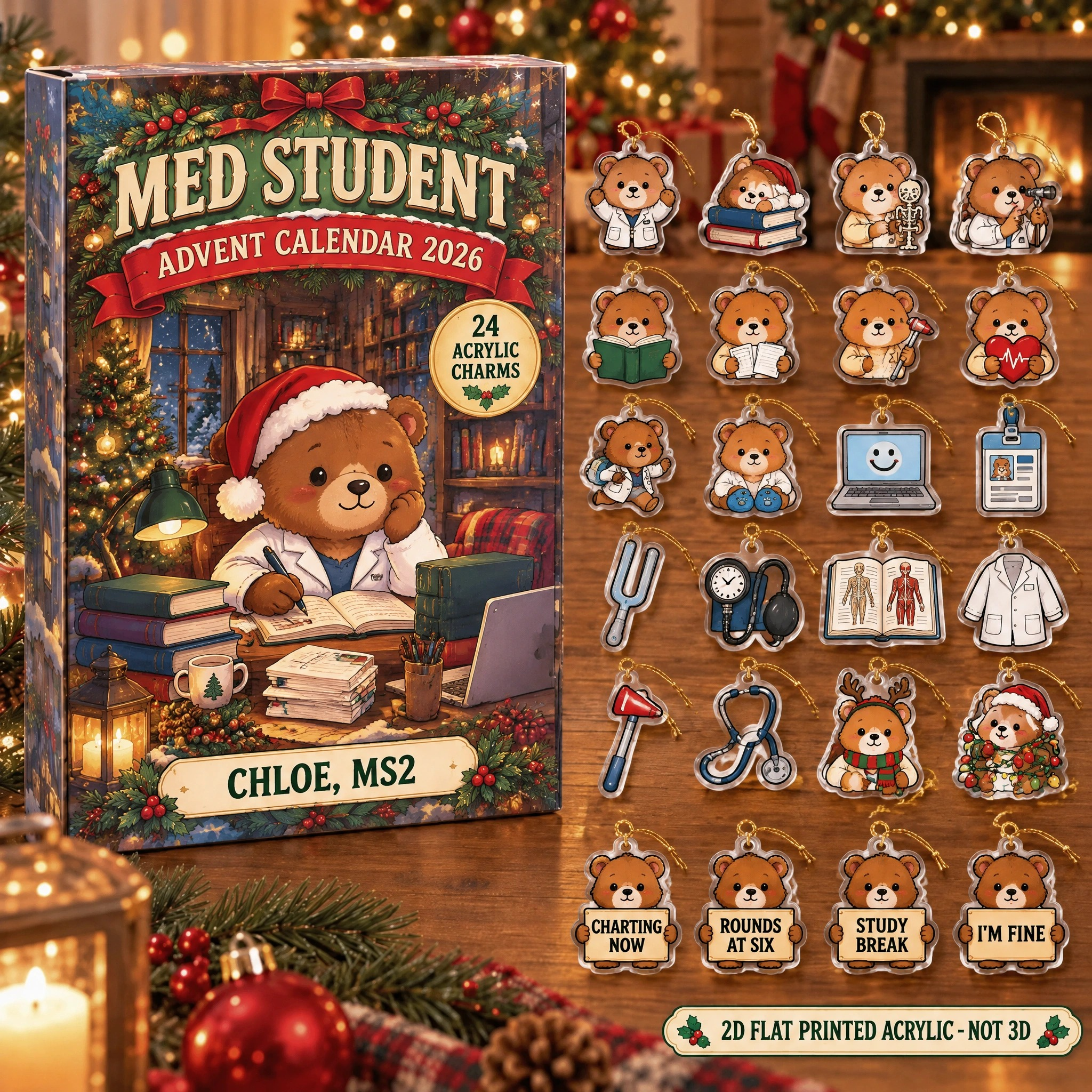 Personalized Med Student Bear advent calendar box with 24 flat acrylic Christmas charms
