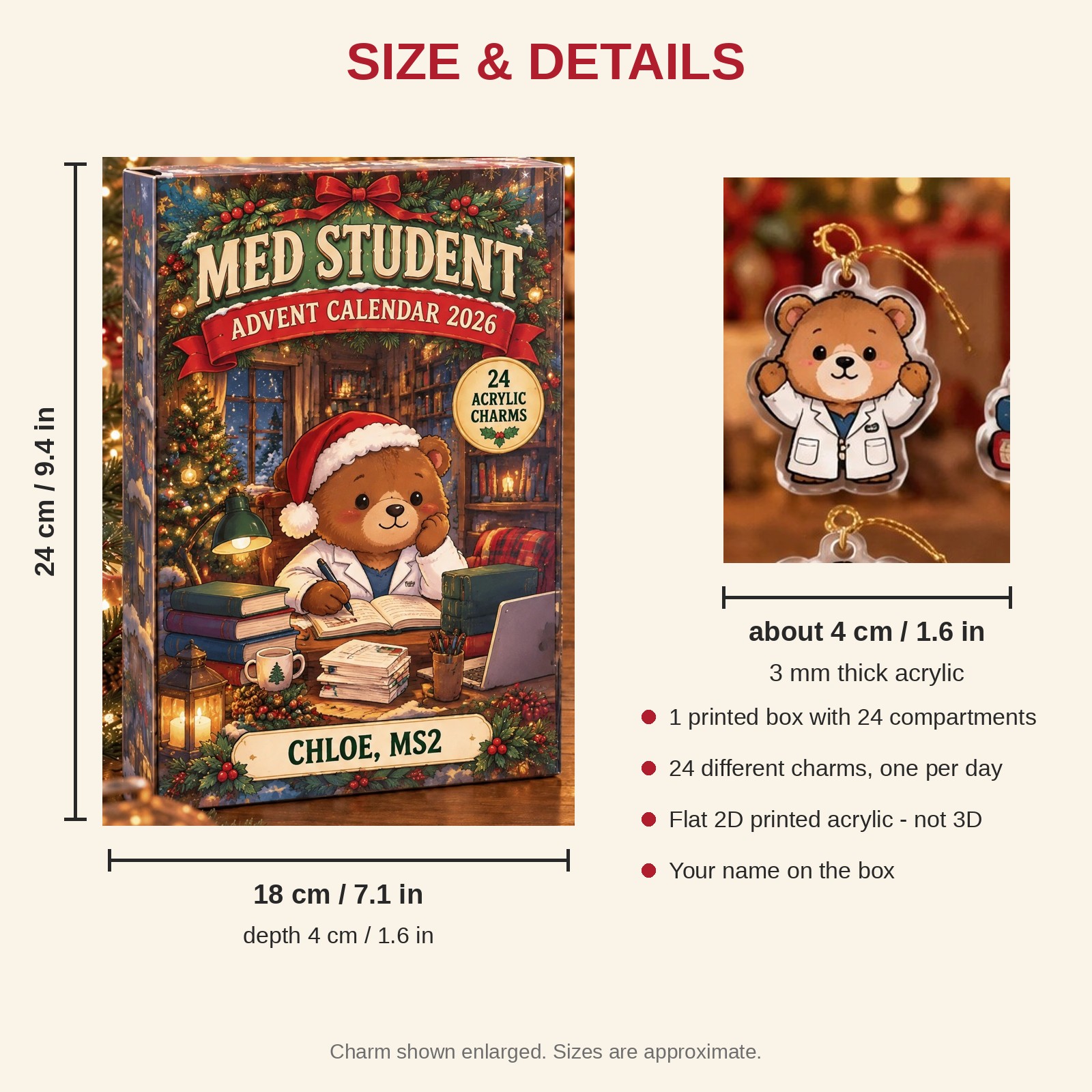Personalized Med Student Bear advent calendar box with 24 flat acrylic Christmas charms: box and charm sizes