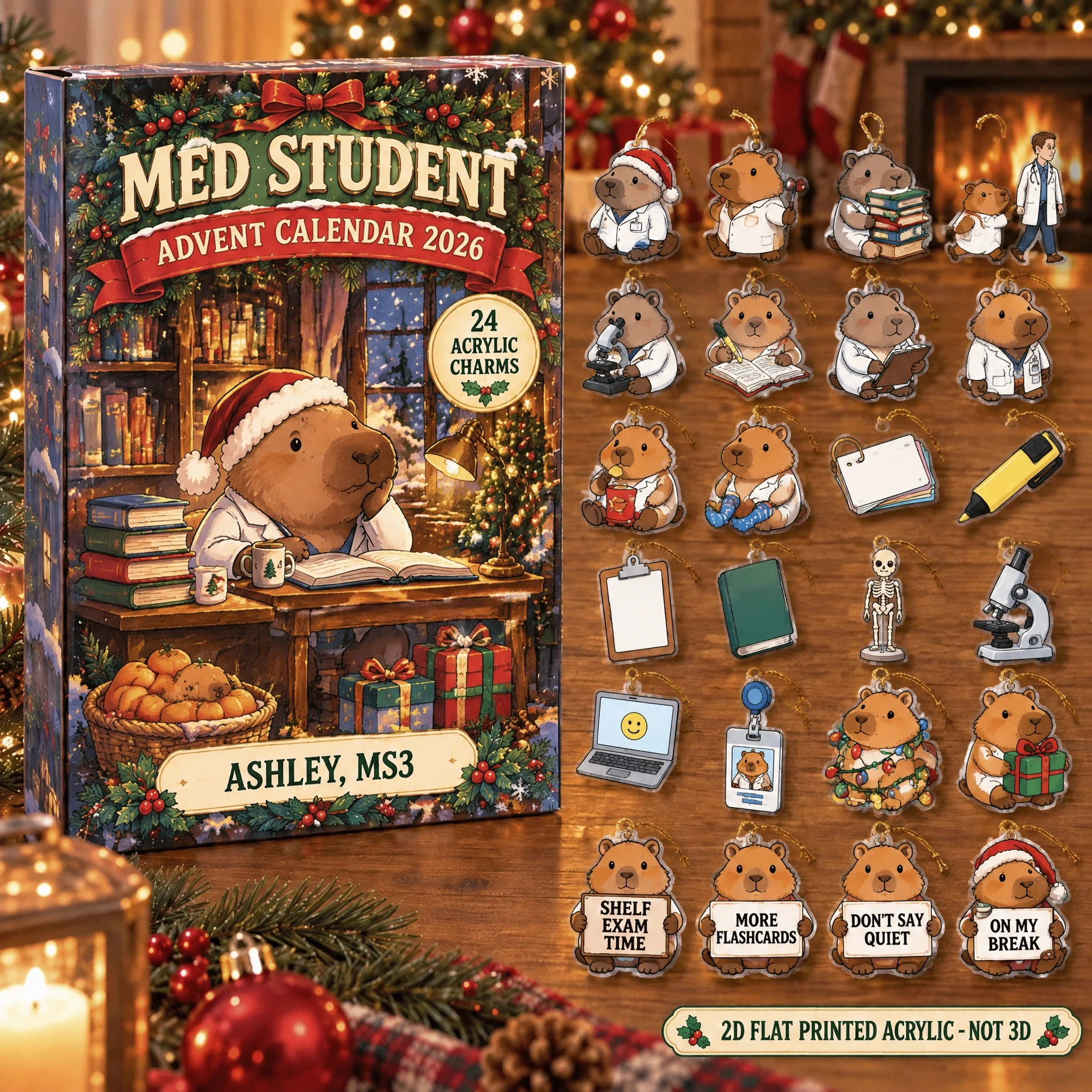 Personalized Med Student Capybara advent calendar box with 24 flat acrylic Christmas charms