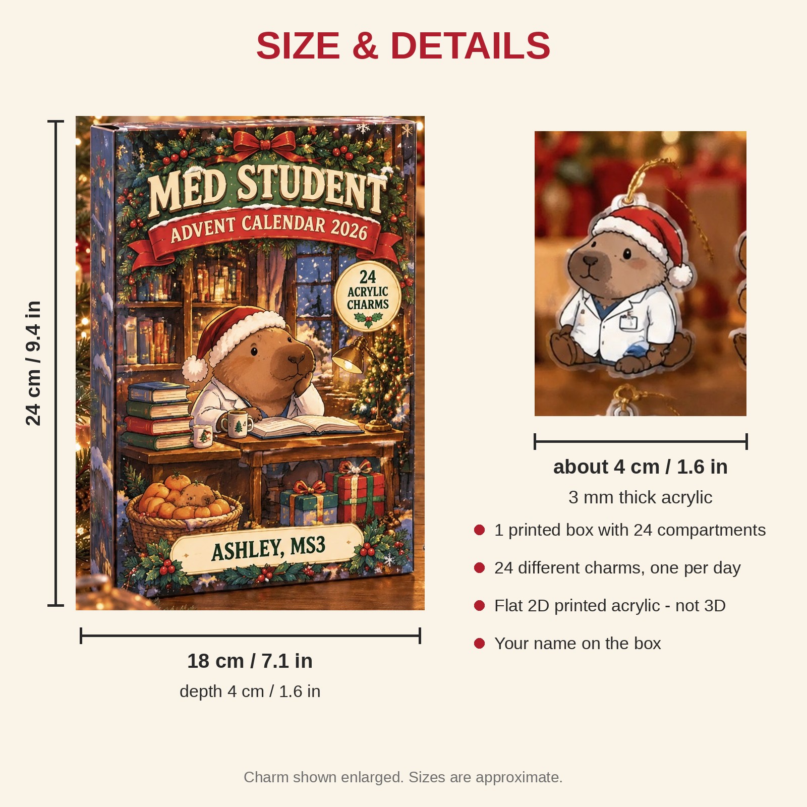Personalized Med Student Capybara advent calendar box with 24 flat acrylic Christmas charms: box and charm sizes