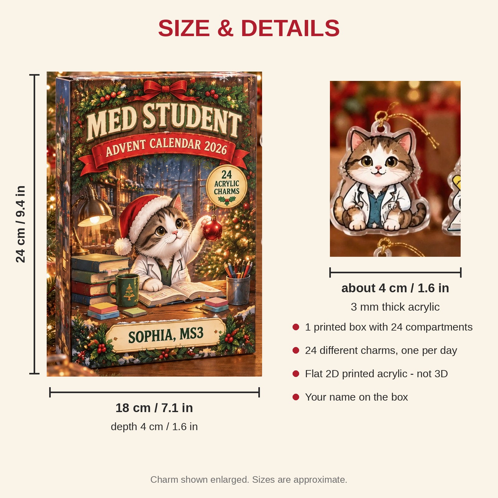 Personalized Med Student Cat advent calendar box with 24 flat acrylic Christmas charms: box and charm sizes