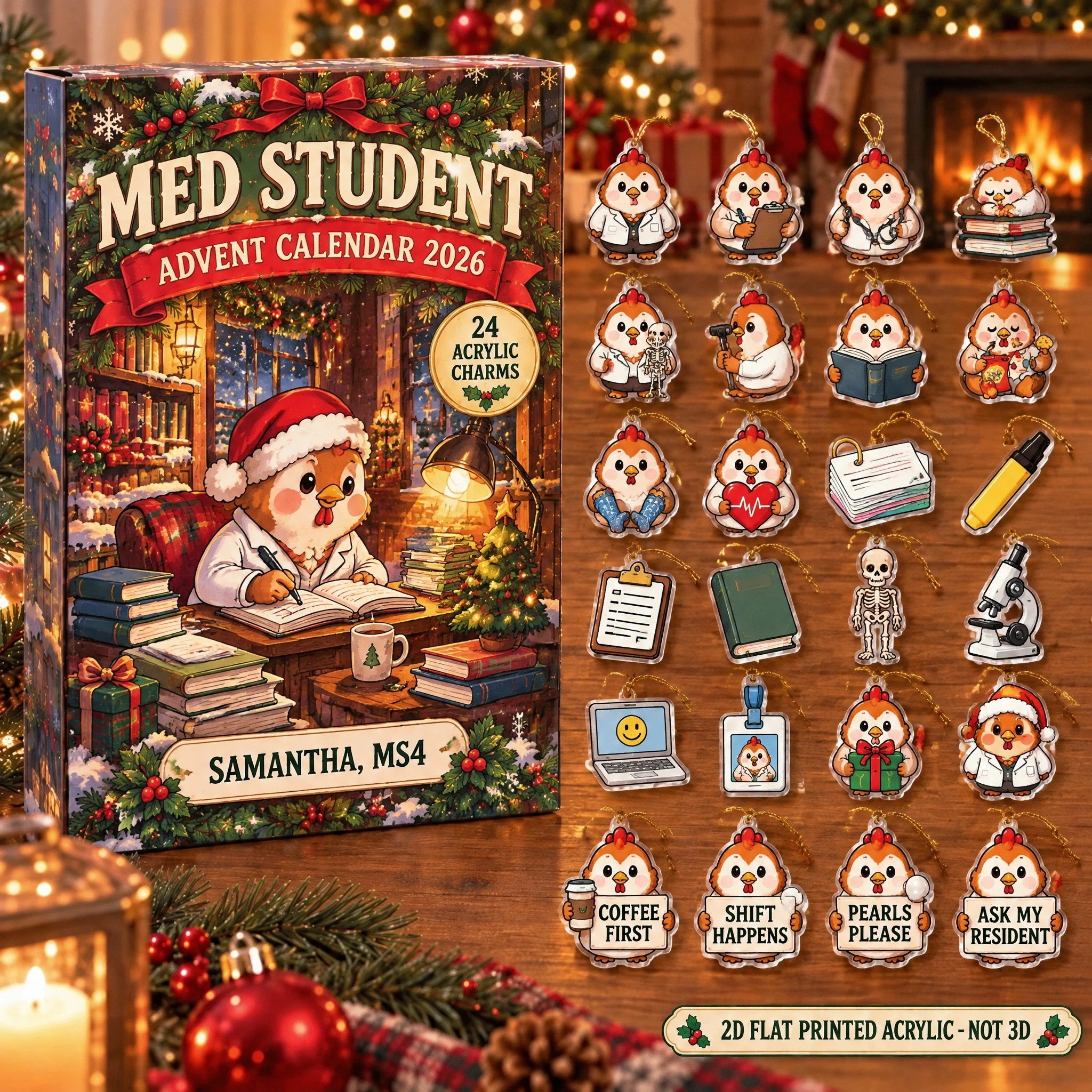 Personalized Med Student Chicken advent calendar box with 24 flat acrylic Christmas charms