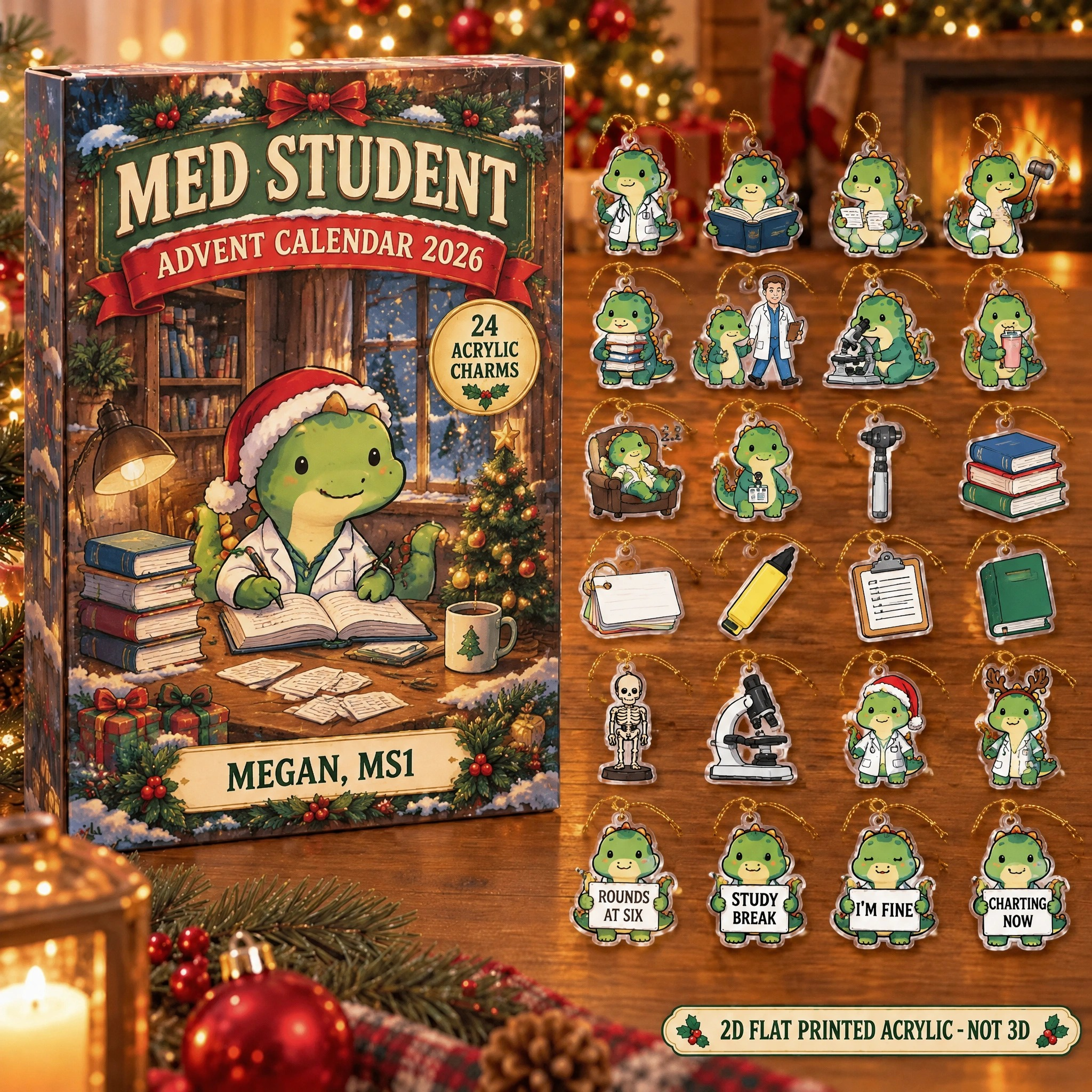 Personalized Med Student Dinosaur advent calendar box with 24 flat acrylic Christmas charms