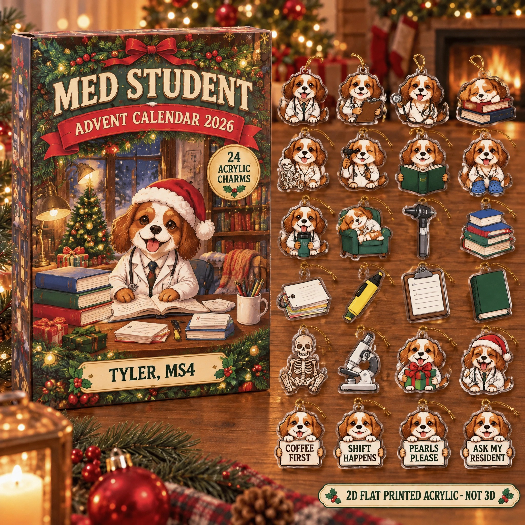 Personalized Med Student Dog advent calendar box with 24 flat acrylic Christmas charms