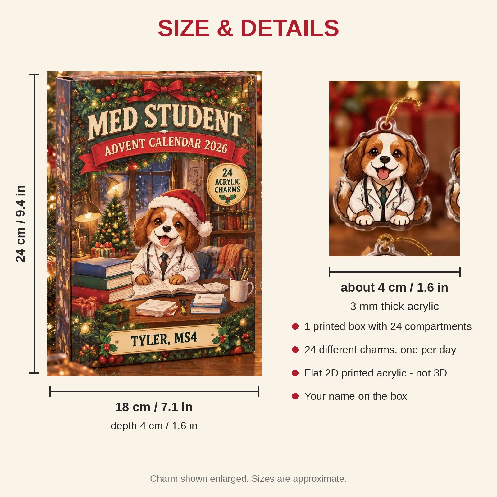Personalized Med Student Dog advent calendar box with 24 flat acrylic Christmas charms: box and charm sizes