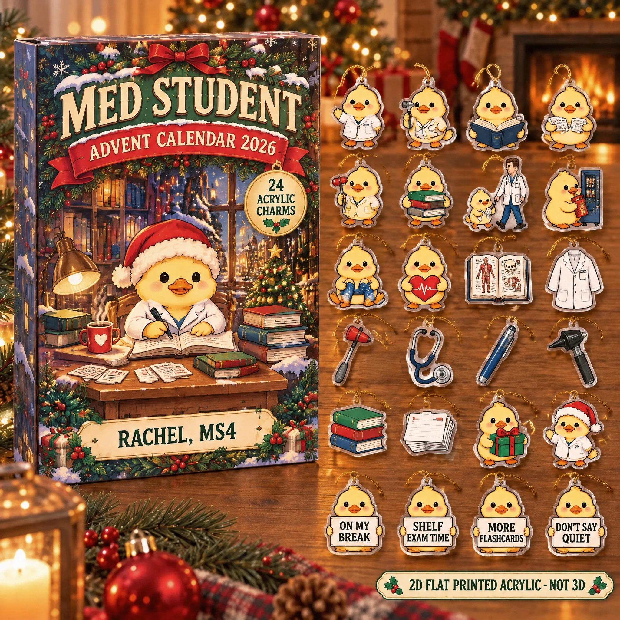 Personalized Med Student Duck advent calendar box with 24 flat acrylic Christmas charms