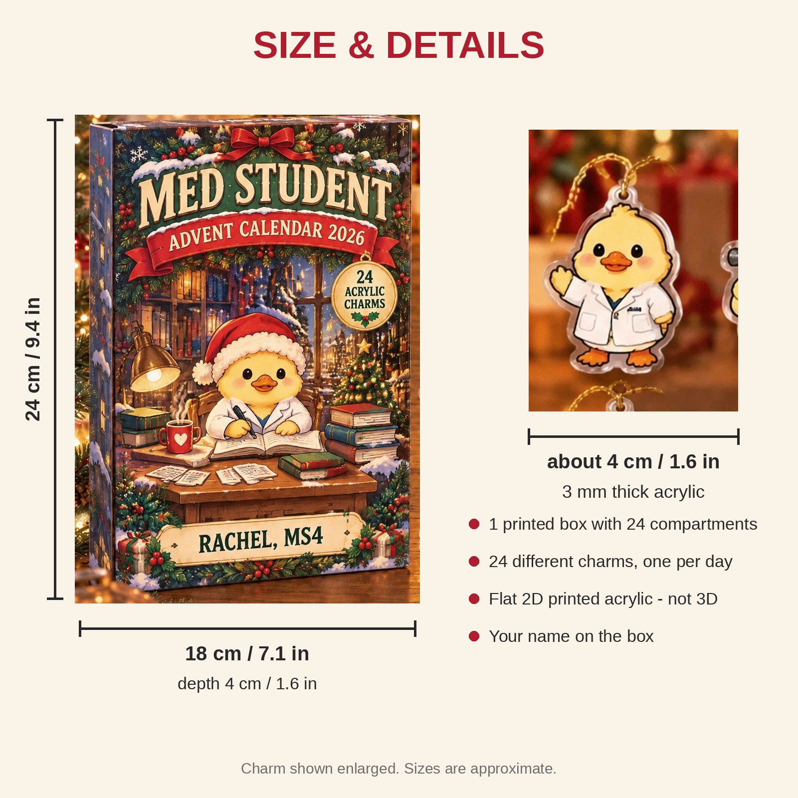 Personalized Med Student Duck advent calendar box with 24 flat acrylic Christmas charms: box and charm sizes