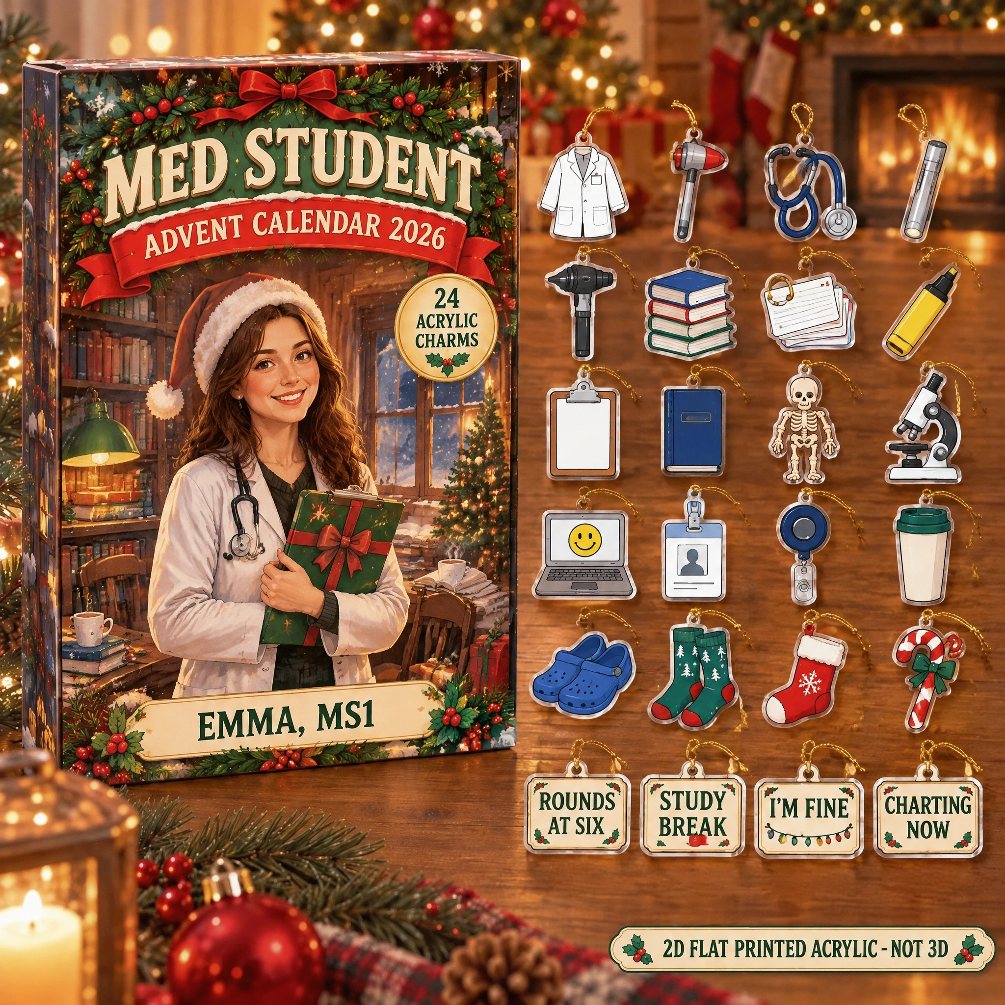 Personalized Med Student Essentials advent calendar box with 24 flat acrylic Christmas charms