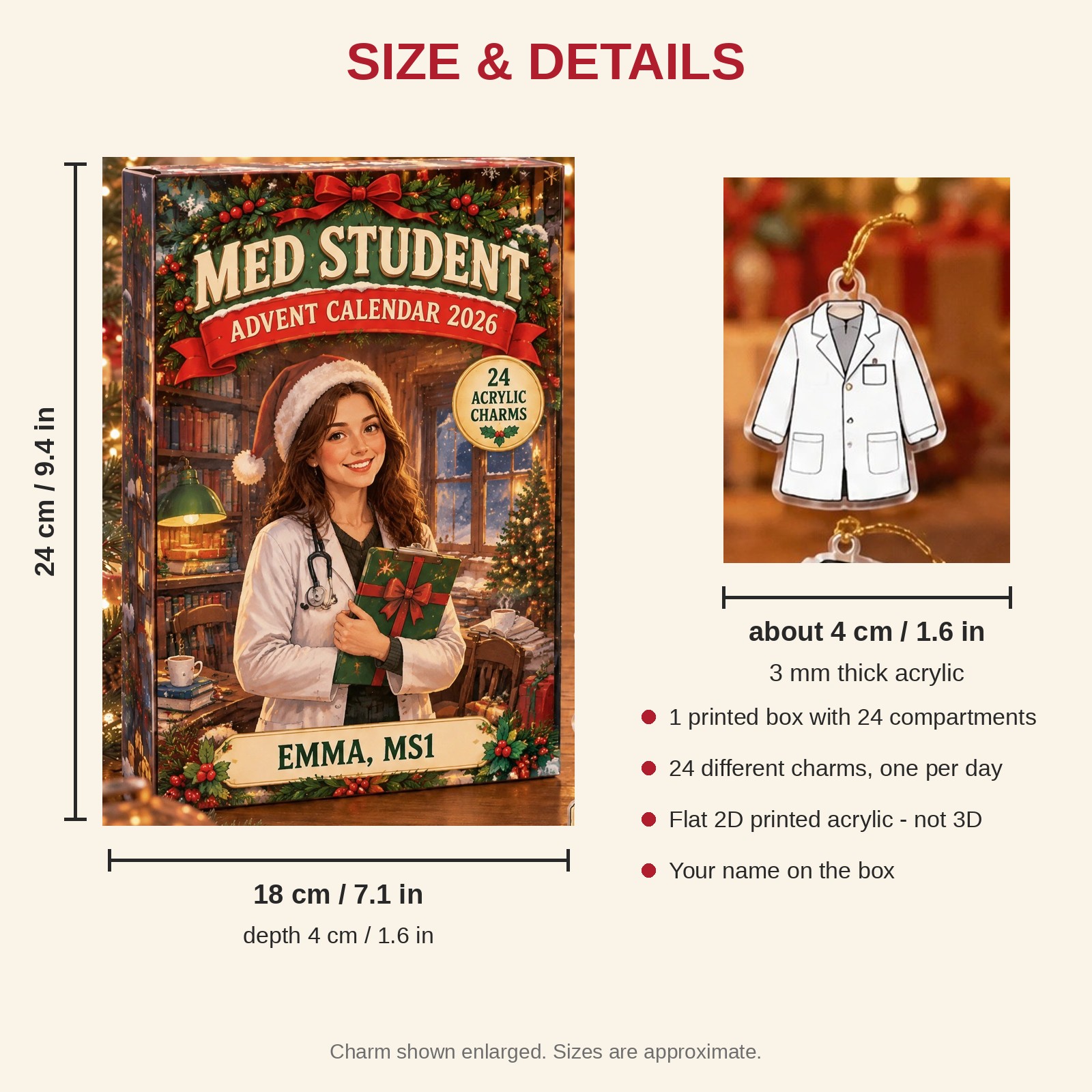 Personalized Med Student Essentials advent calendar box with 24 flat acrylic Christmas charms: box and charm sizes