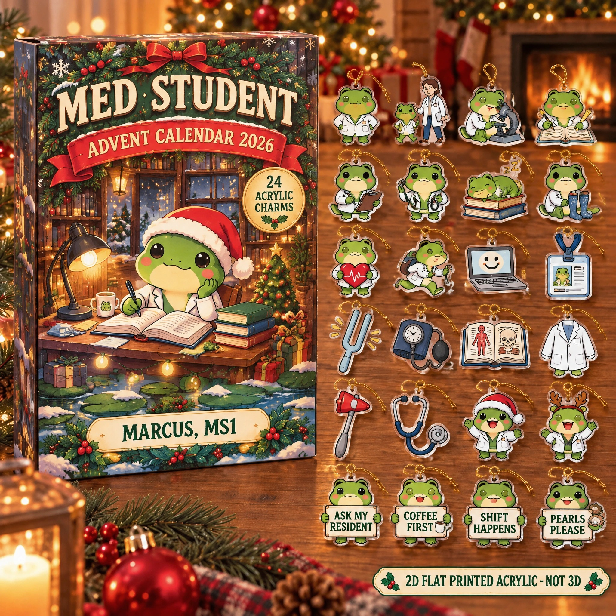 Personalized Med Student Frog advent calendar box with 24 flat acrylic Christmas charms