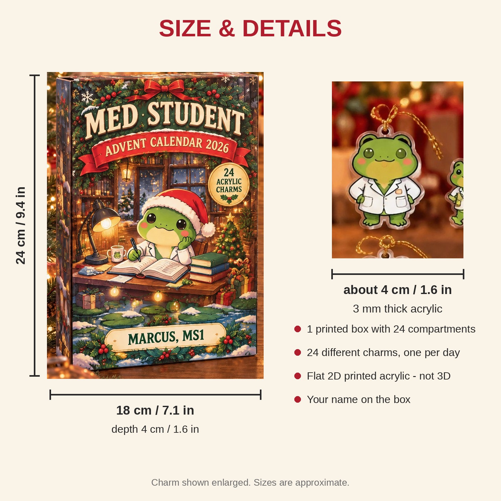 Personalized Med Student Frog advent calendar box with 24 flat acrylic Christmas charms: box and charm sizes