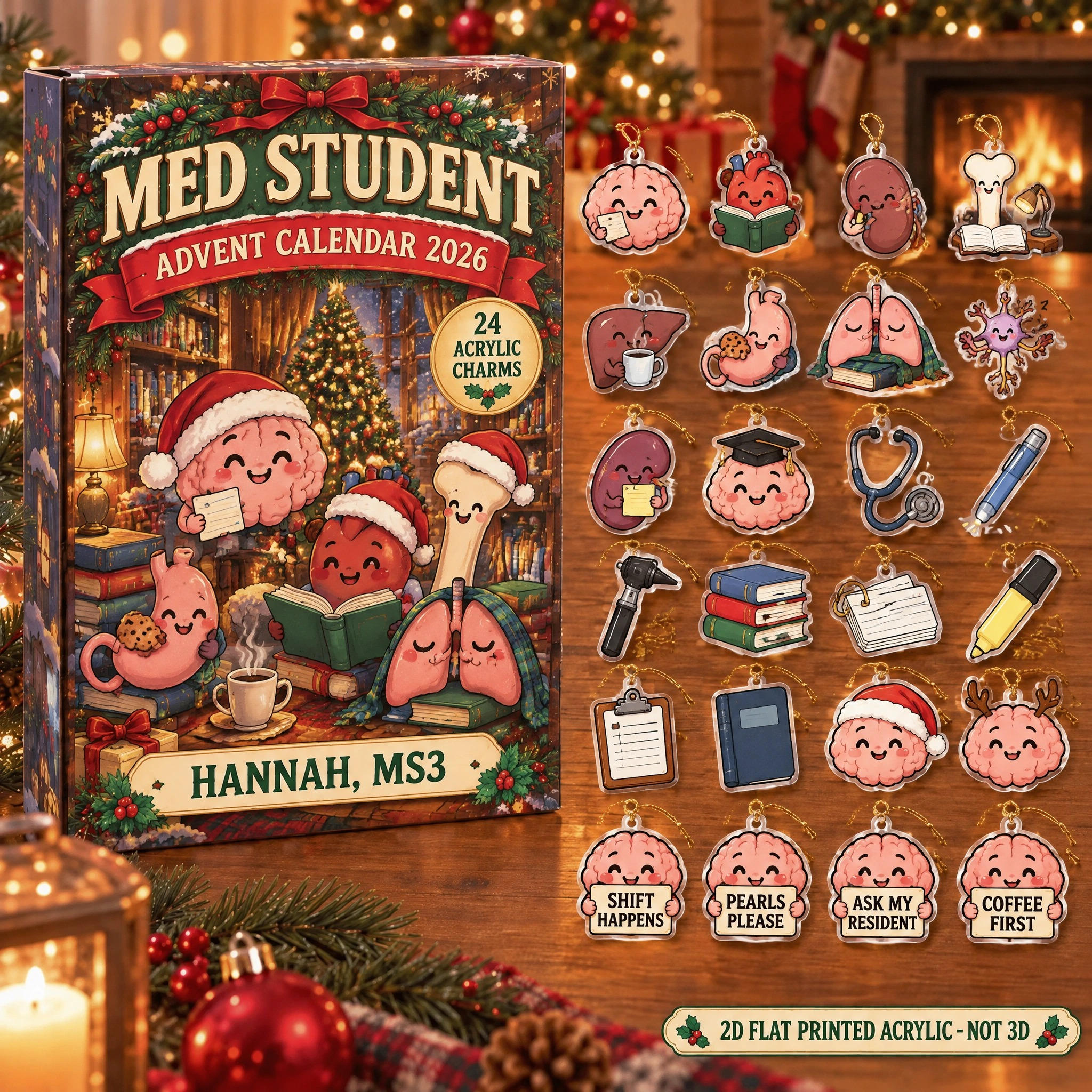 Personalized Funny Anatomy Med Student advent calendar box with 24 flat acrylic Christmas charms