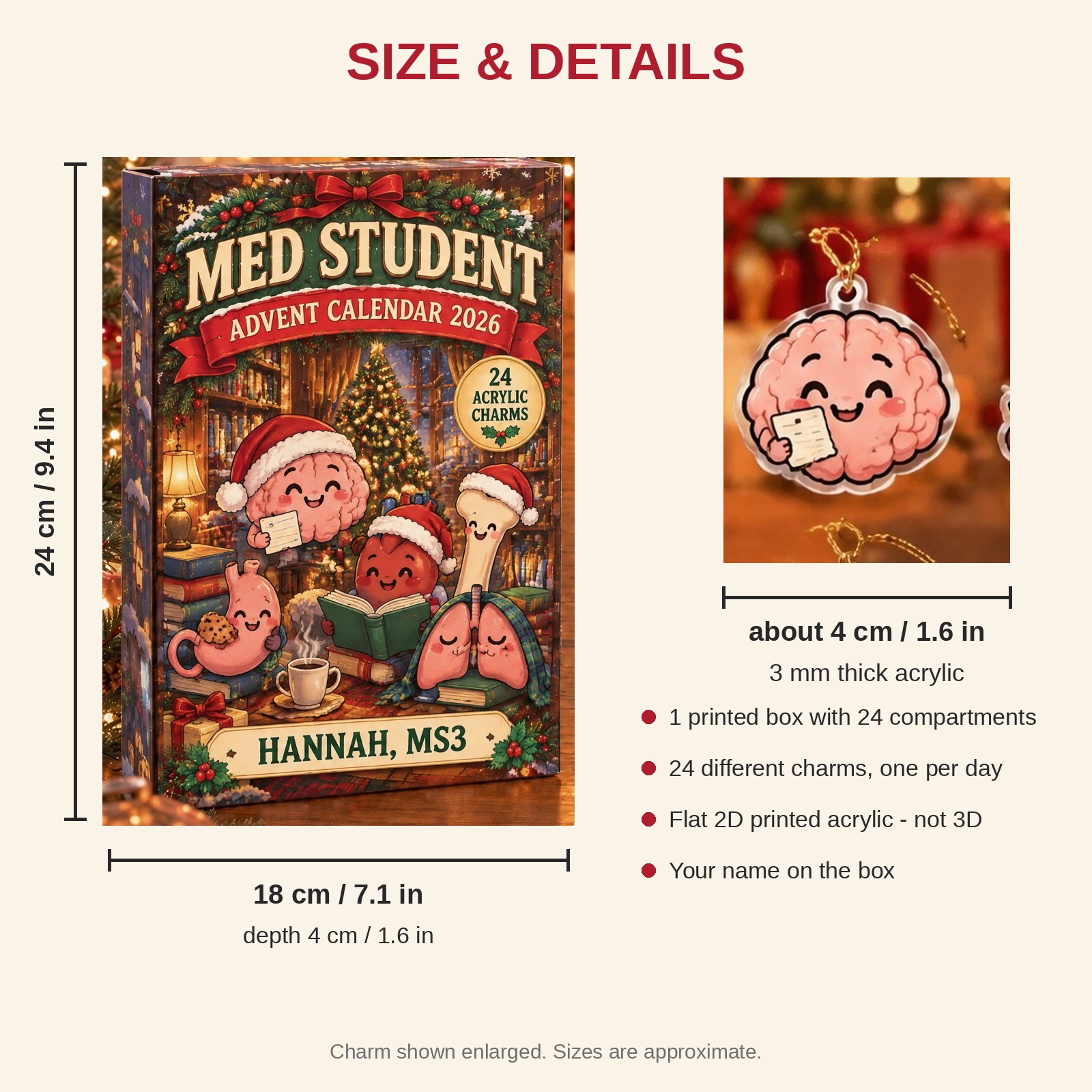 Personalized Funny Anatomy Med Student advent calendar box with 24 flat acrylic Christmas charms: box and charm sizes