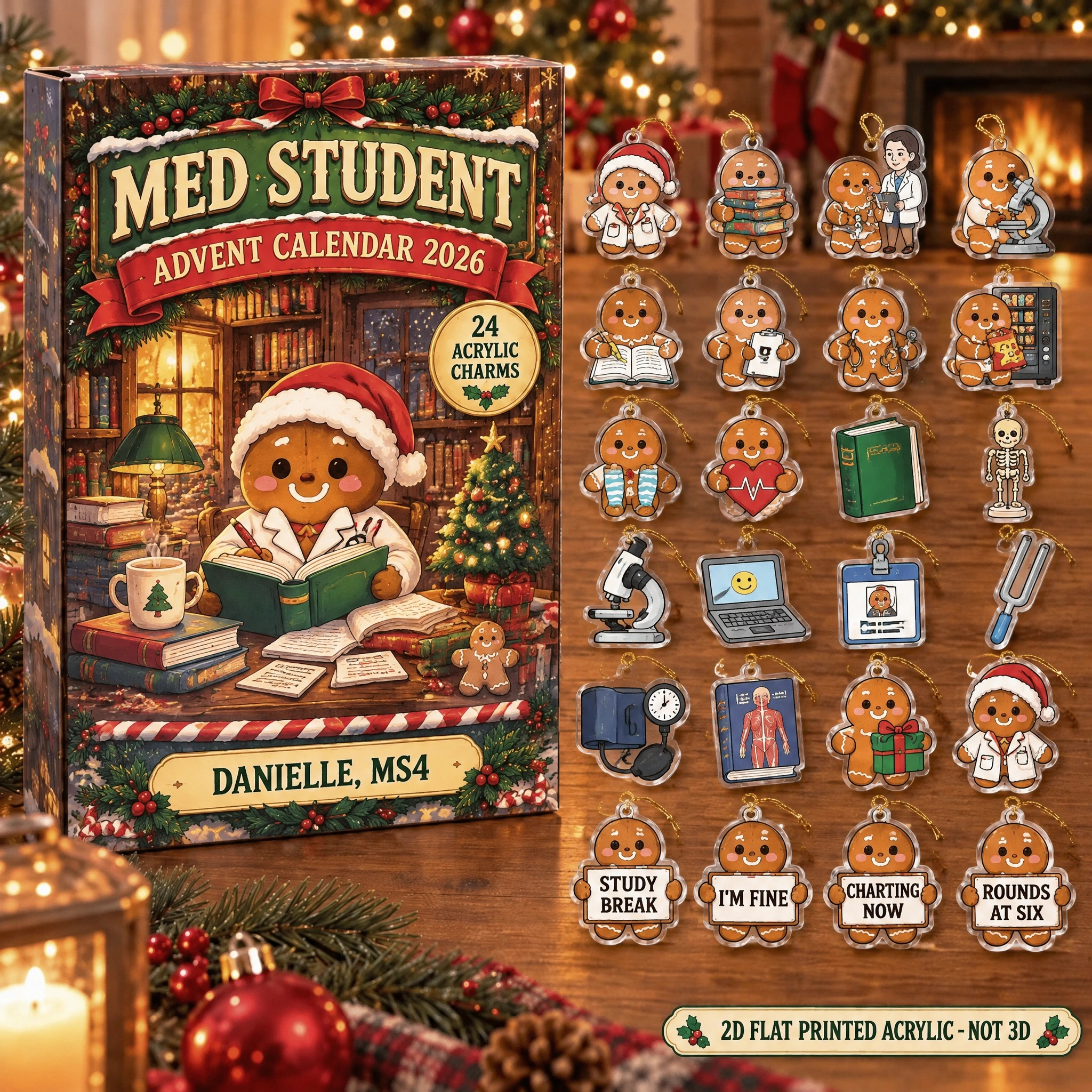 Personalized Gingerbread Med Student advent calendar box with 24 flat acrylic Christmas charms