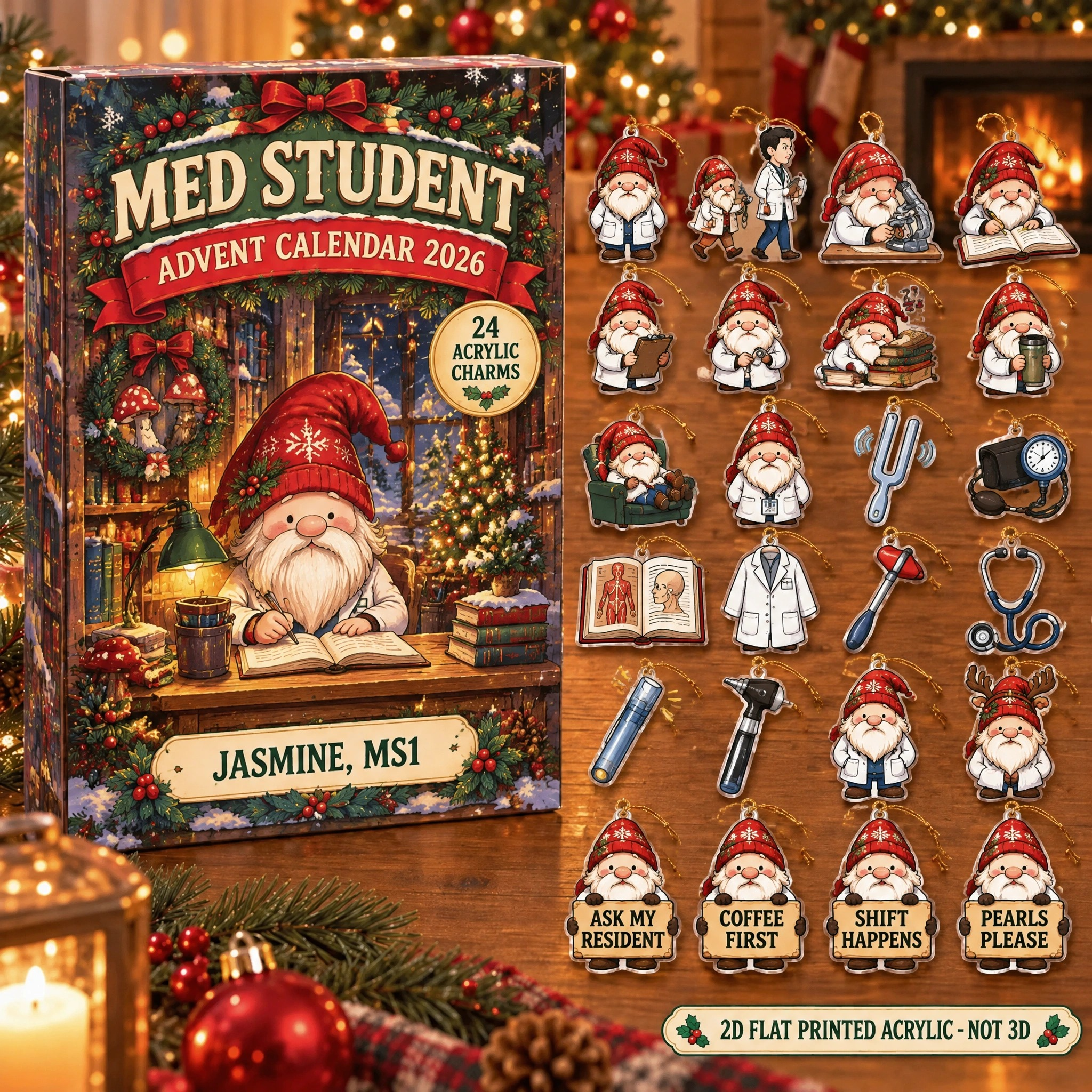 Personalized Med Student Gnome advent calendar box with 24 flat acrylic Christmas charms