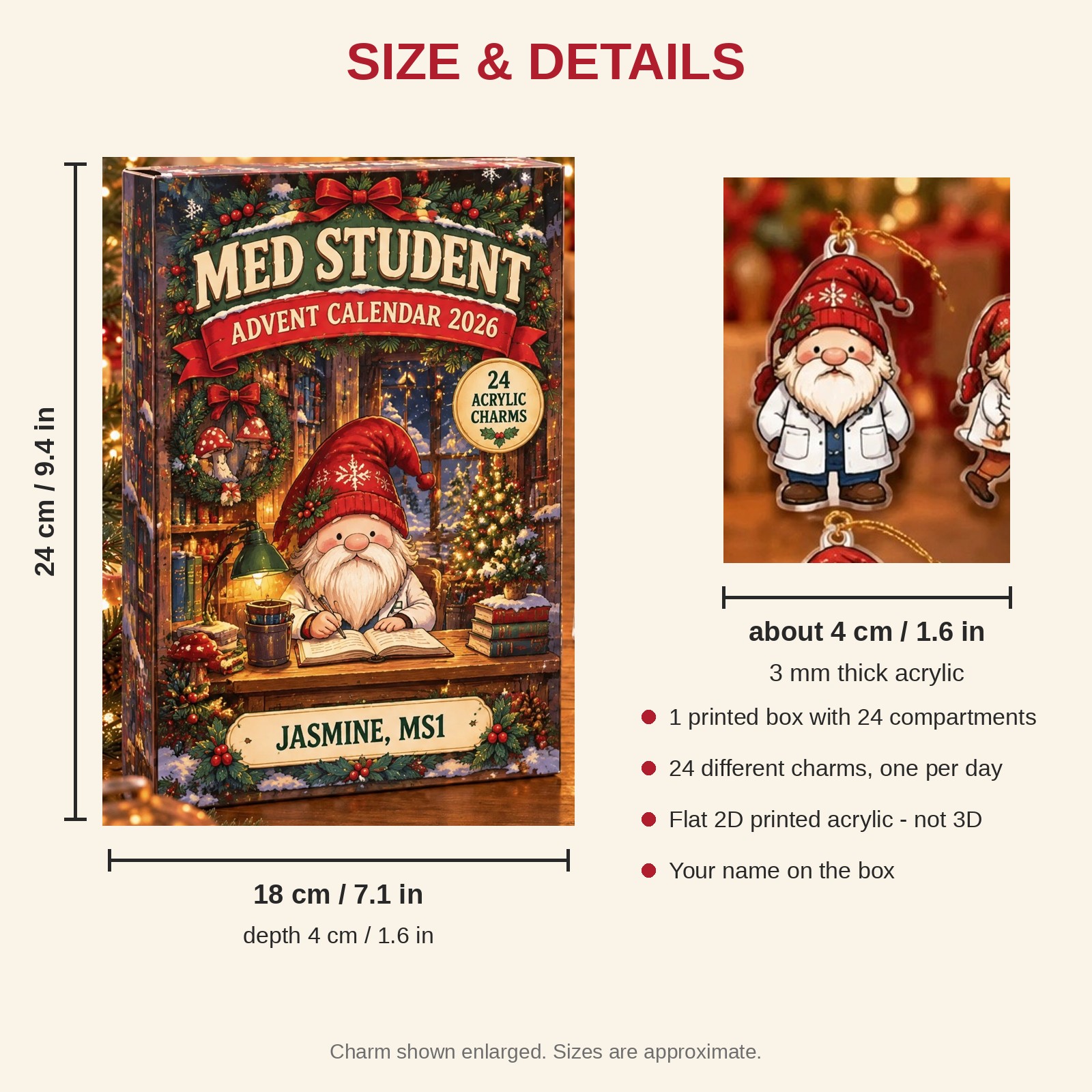 Personalized Med Student Gnome advent calendar box with 24 flat acrylic Christmas charms: box and charm sizes