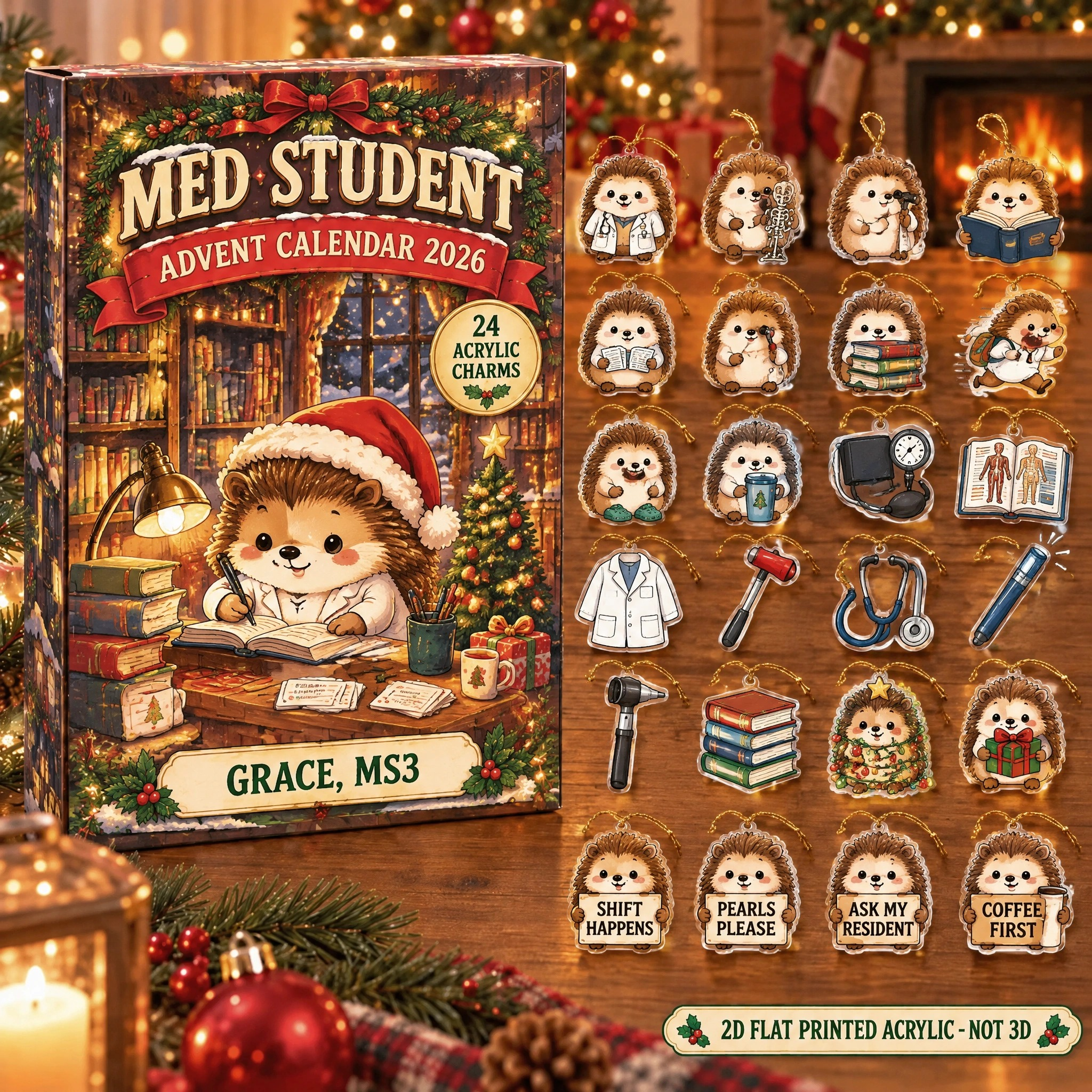 Personalized Med Student Hedgehog advent calendar box with 24 flat acrylic Christmas charms