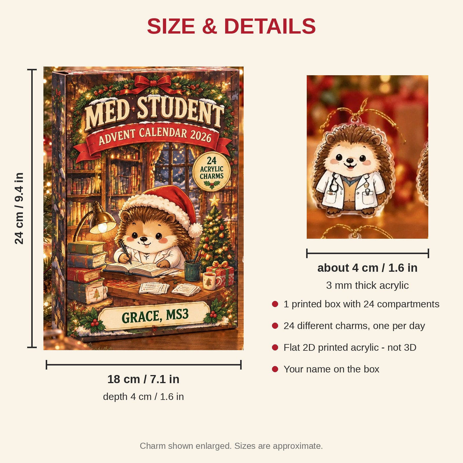 Personalized Med Student Hedgehog advent calendar box with 24 flat acrylic Christmas charms: box and charm sizes