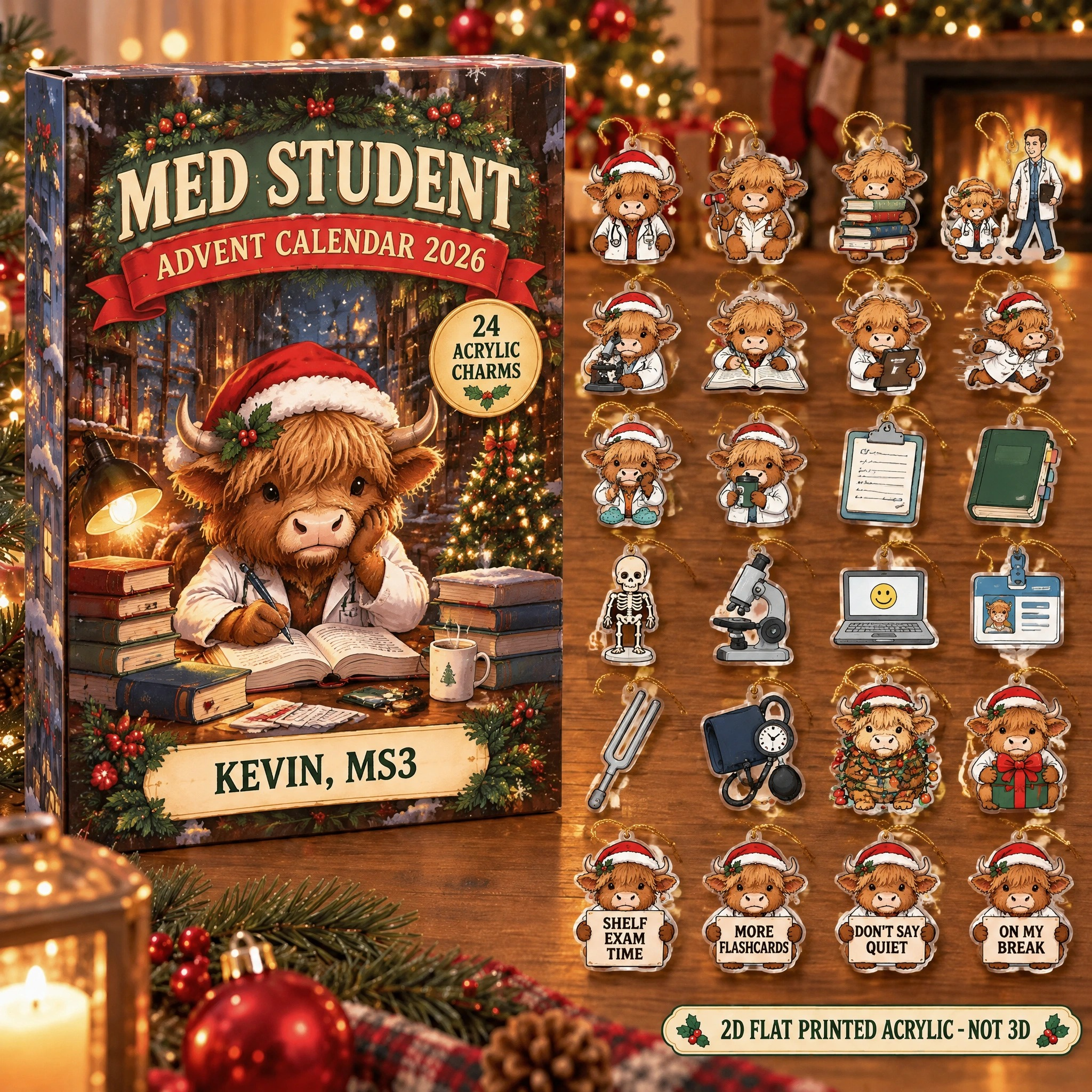 Personalized Med Student Highland Cow advent calendar box with 24 flat acrylic Christmas charms