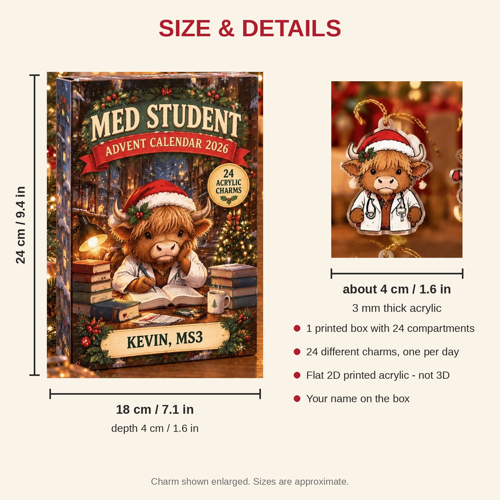 Personalized Med Student Highland Cow advent calendar box with 24 flat acrylic Christmas charms: box and charm sizes