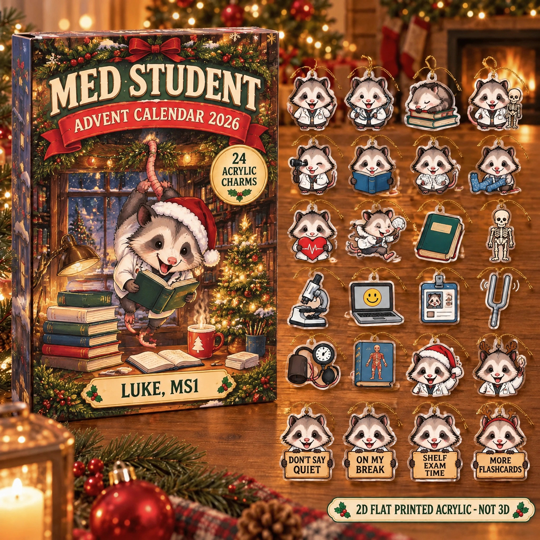 Personalized Med Student Opossum advent calendar box with 24 flat acrylic Christmas charms