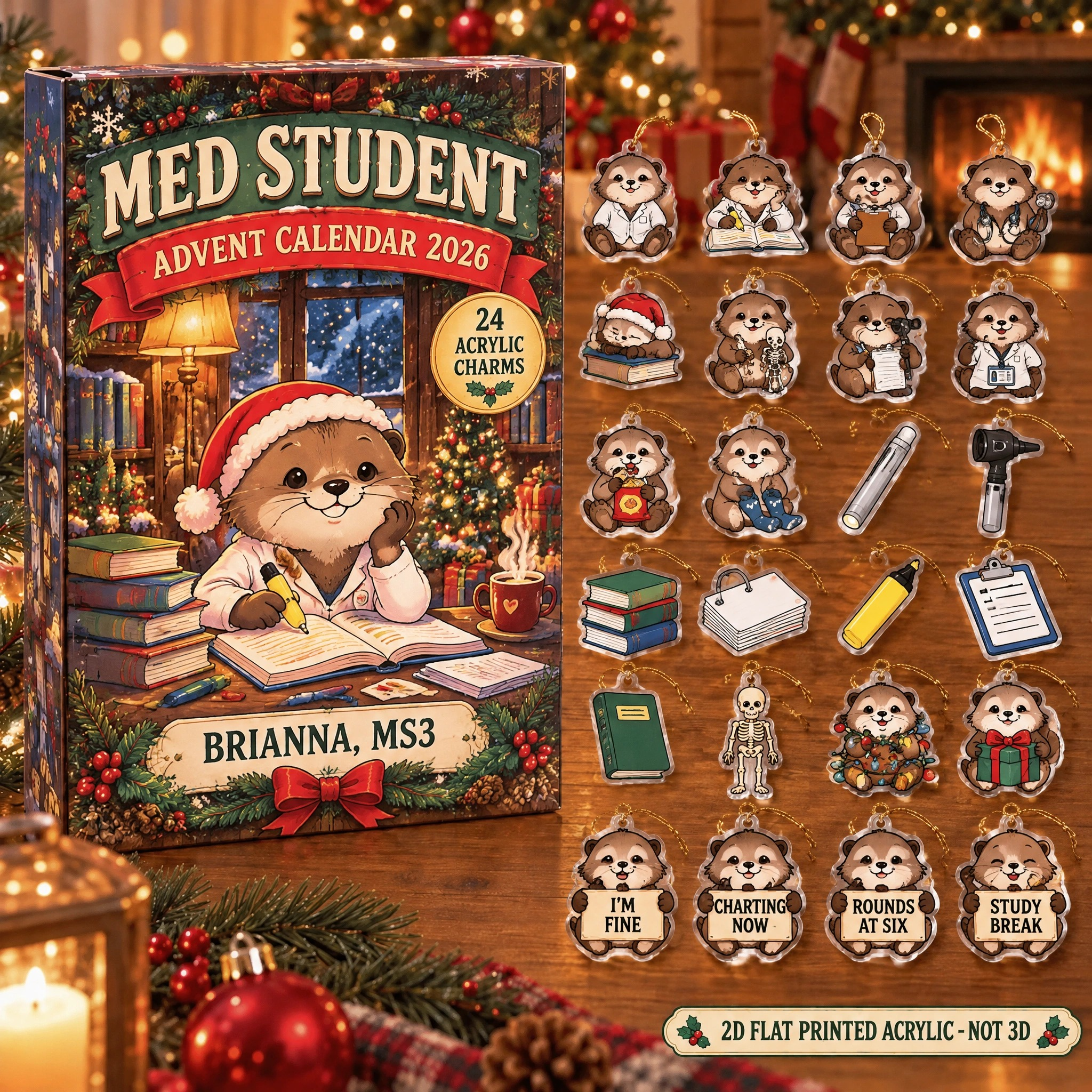 Personalized Med Student Otter advent calendar box with 24 flat acrylic Christmas charms