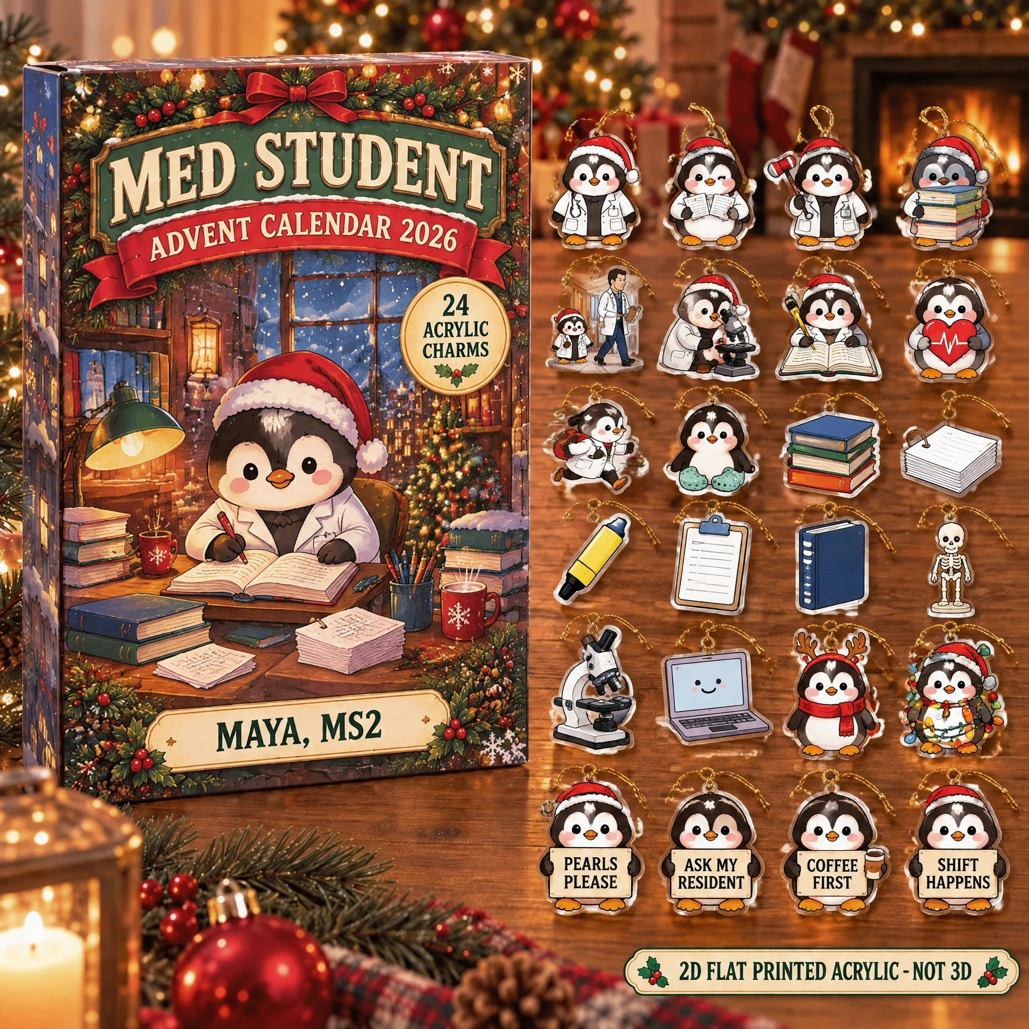 Personalized Med Student Penguin advent calendar box with 24 flat acrylic Christmas charms