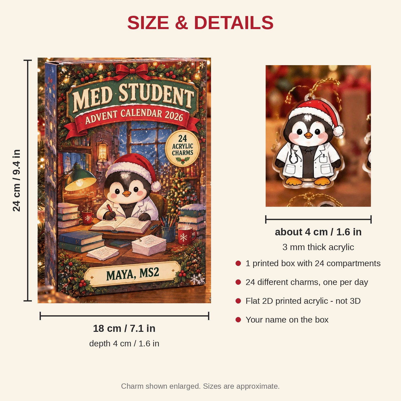 Personalized Med Student Penguin advent calendar box with 24 flat acrylic Christmas charms: box and charm sizes
