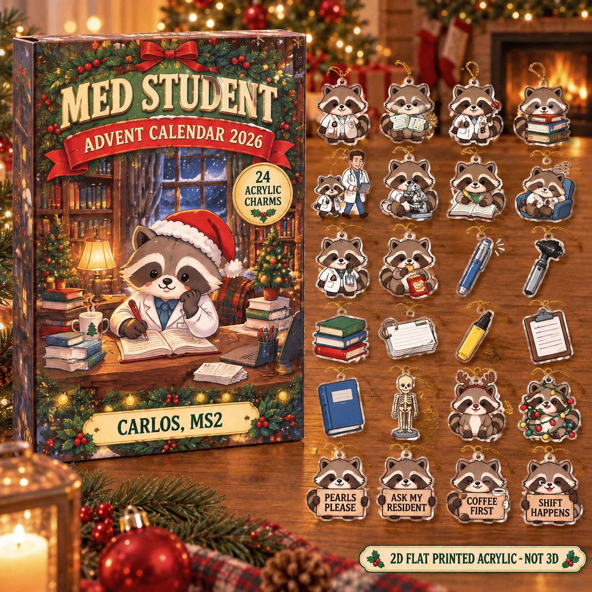 Personalized Med Student Raccoon advent calendar box with 24 flat acrylic Christmas charms
