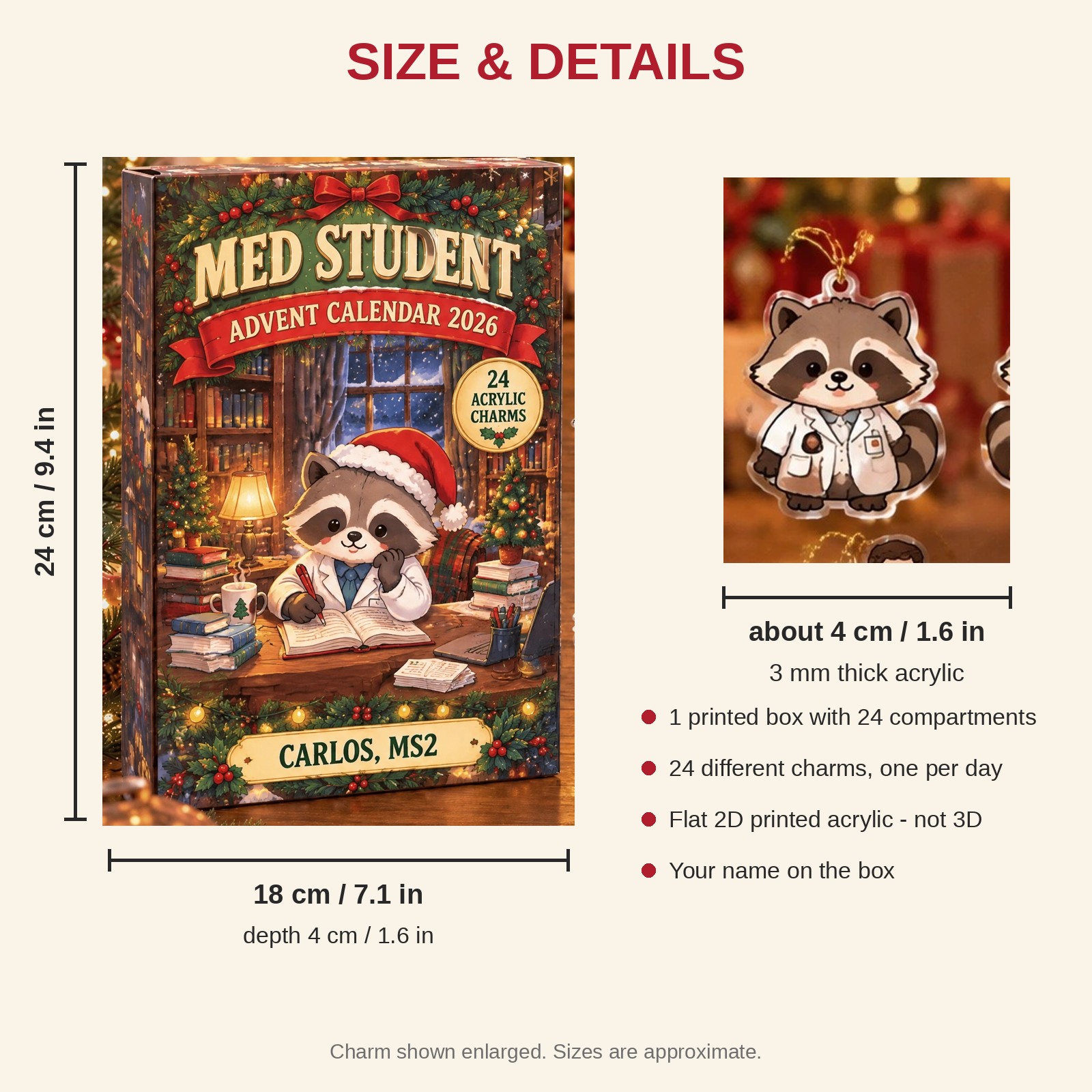 Personalized Med Student Raccoon advent calendar box with 24 flat acrylic Christmas charms: box and charm sizes