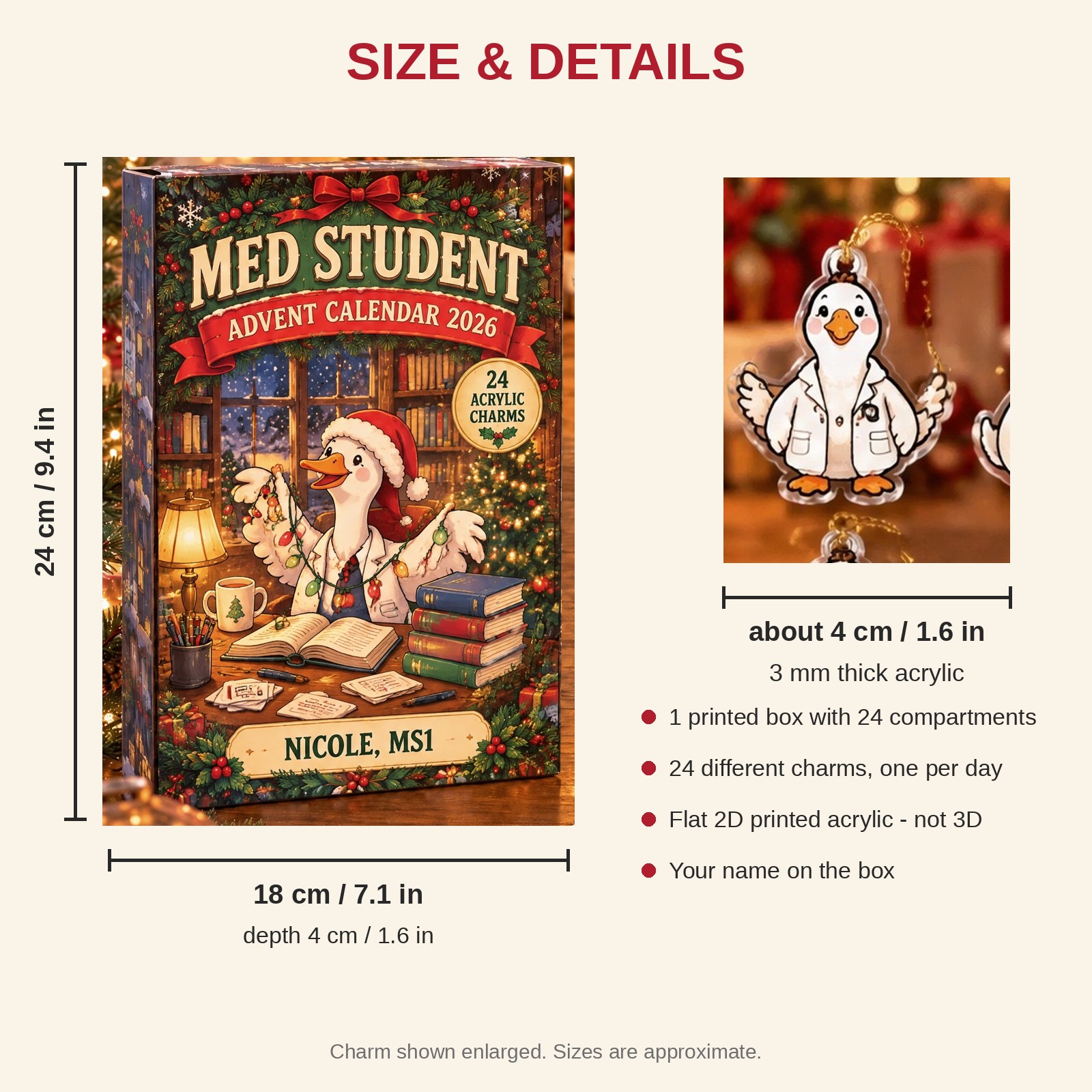 Personalized Med Student Silly Goose advent calendar box with 24 flat acrylic Christmas charms: box and charm sizes