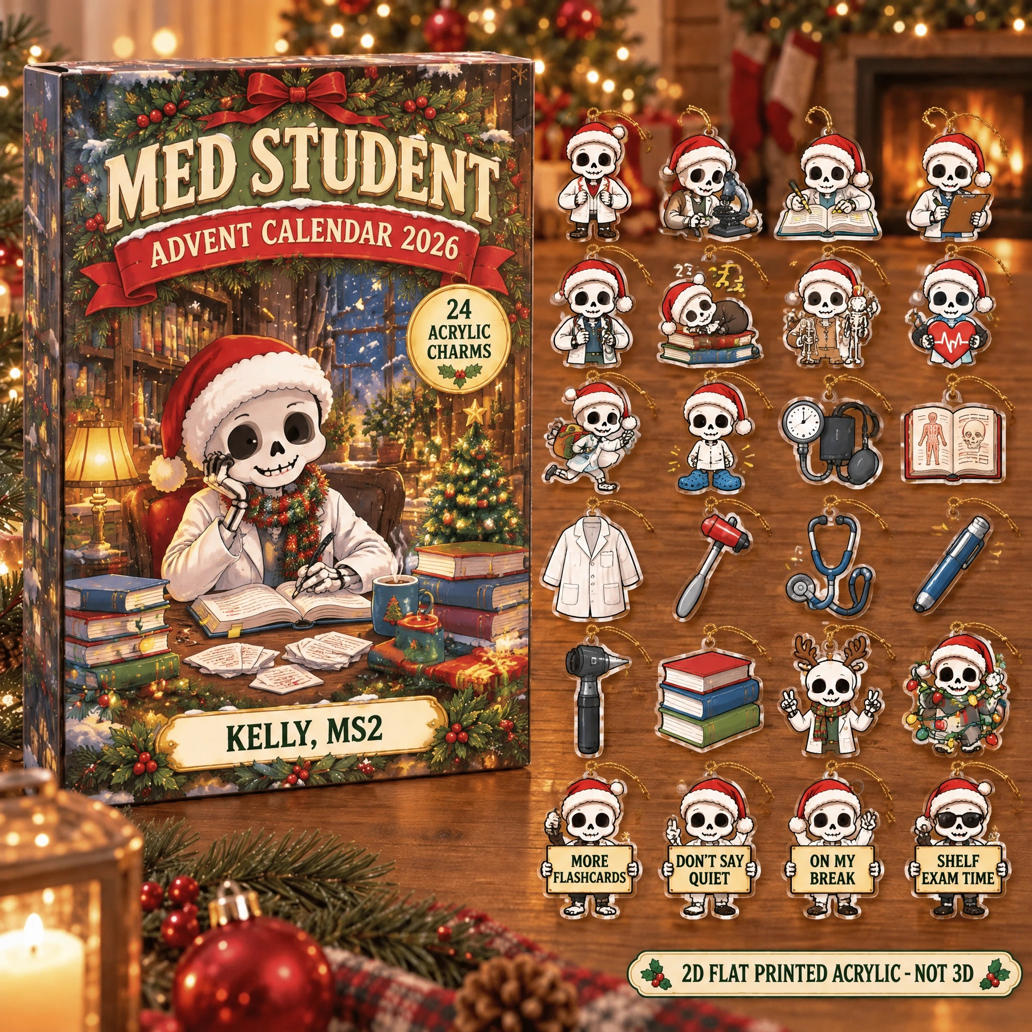 Personalized Med Student Skeleton advent calendar box with 24 flat acrylic Christmas charms