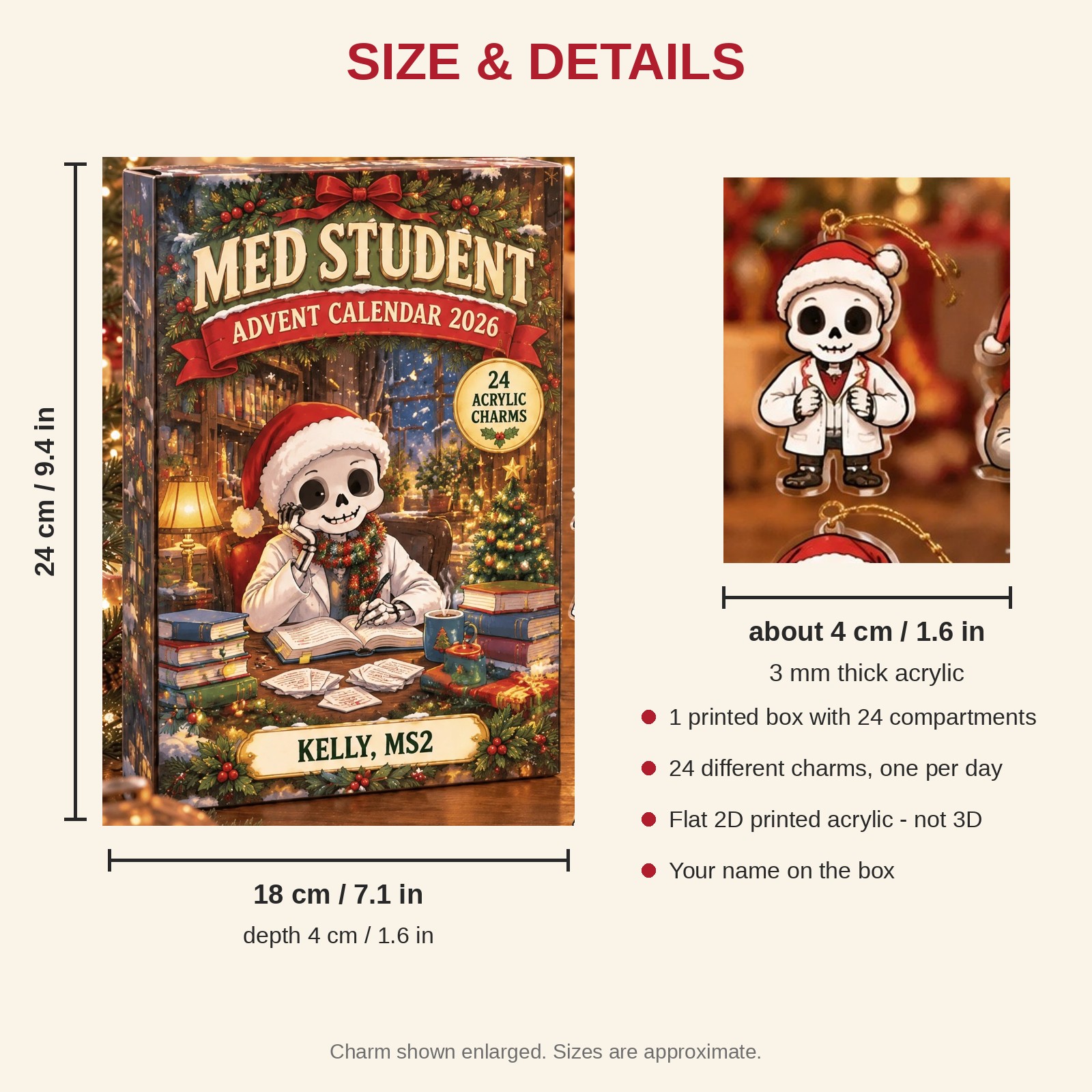 Personalized Med Student Skeleton advent calendar box with 24 flat acrylic Christmas charms: box and charm sizes