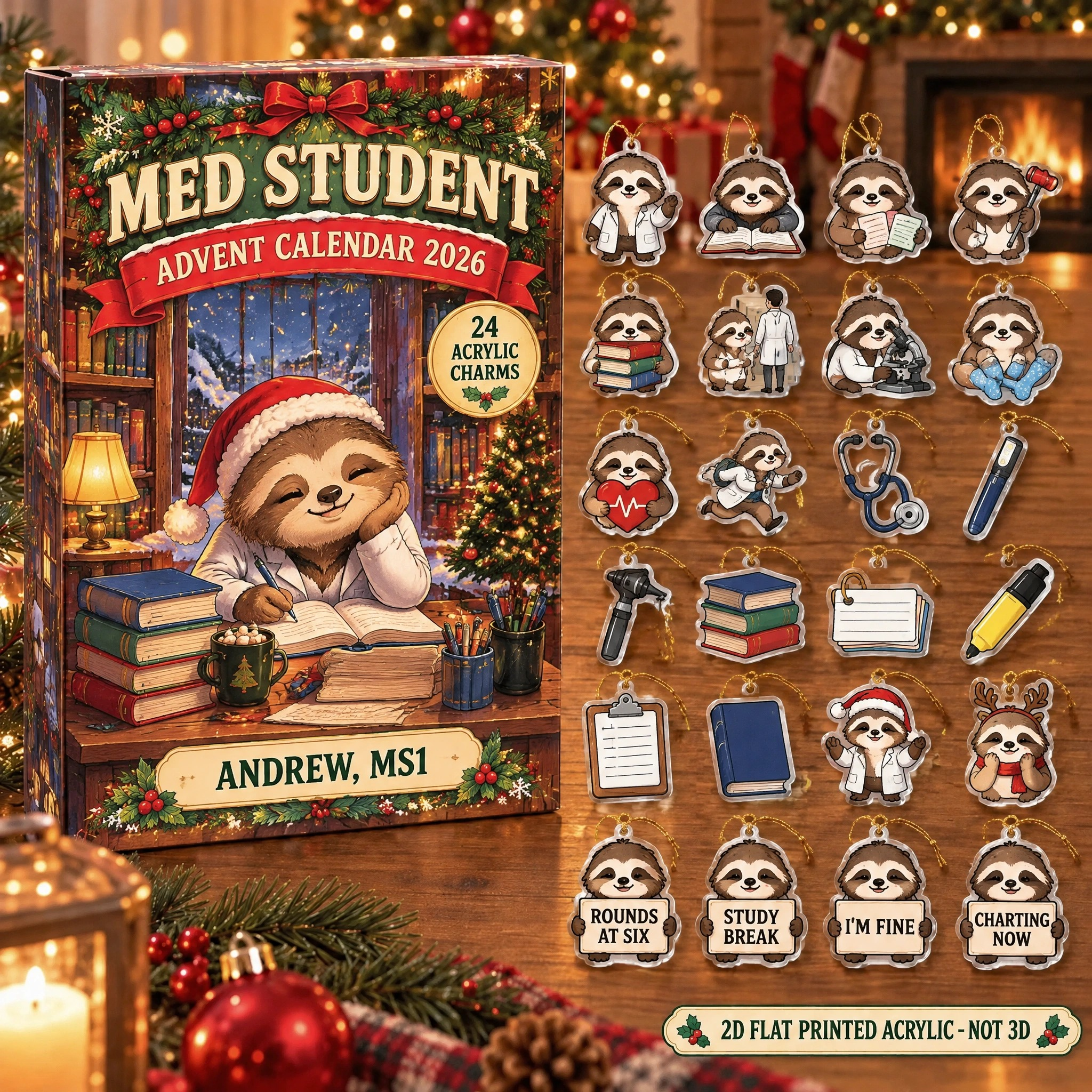 Personalized Med Student Sloth advent calendar box with 24 flat acrylic Christmas charms