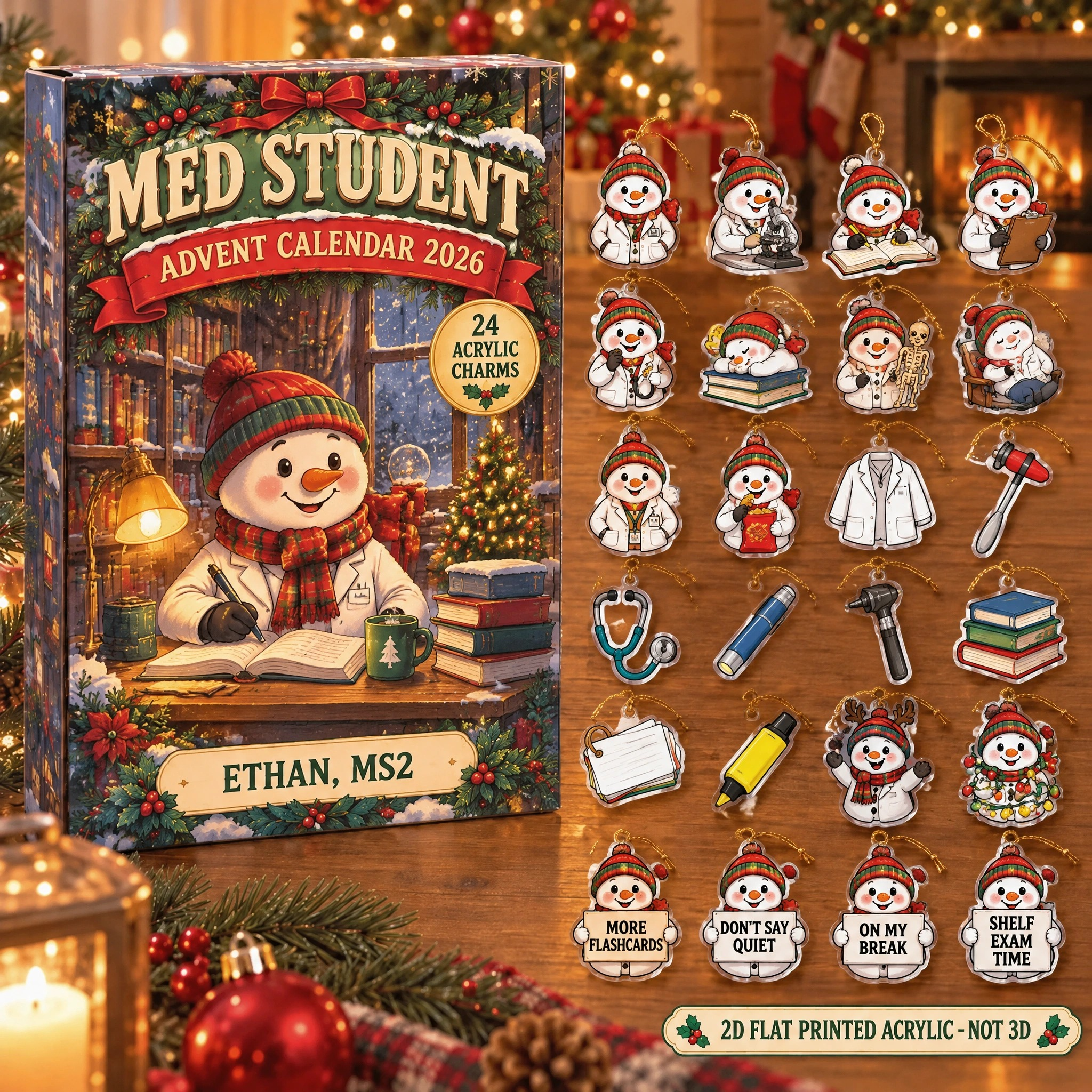 Personalized Med Student Snowman advent calendar box with 24 flat acrylic Christmas charms